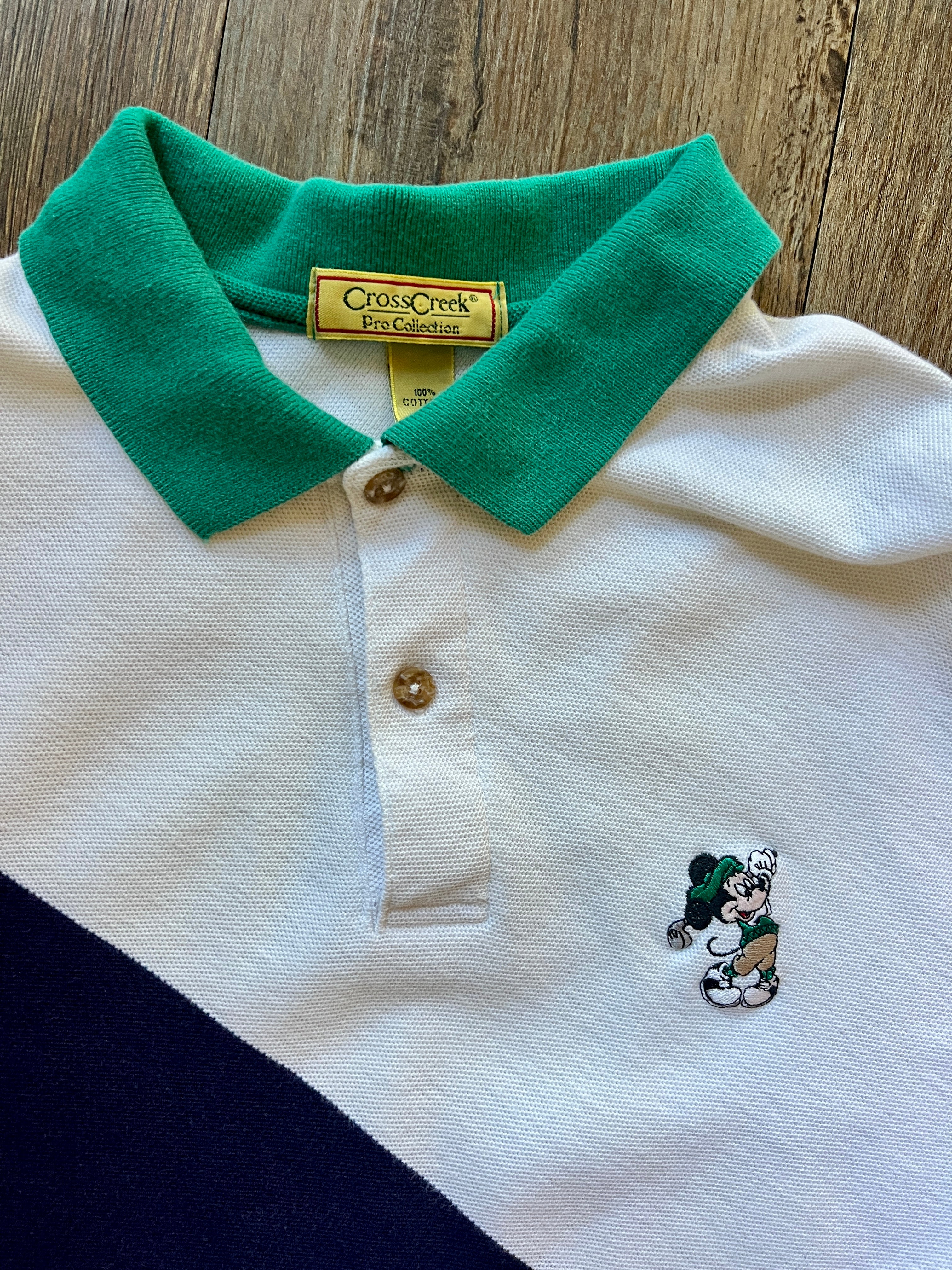 984 -White, Blue, & Green Diagonal Stripe Colorblock Cross Creek Embroidered Golfing Mickey Polo - L