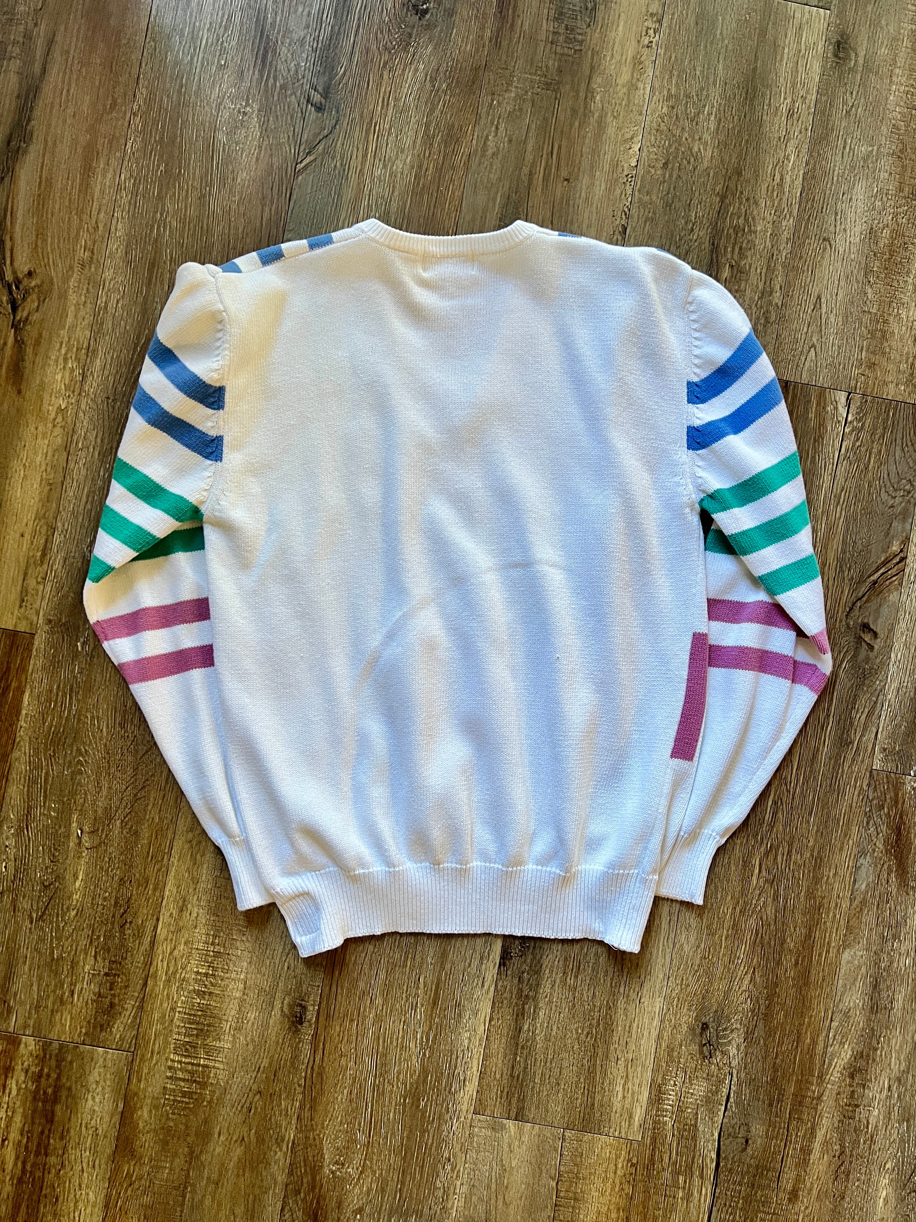 985 -White, Red, Green, & Blue Stripe Embroidered Golfing Mickey Antigua Golf Sweater - XL