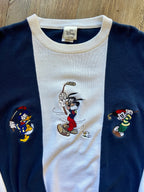 986 -White & Blue Stripe Embroidered Mickey, Goofy, Donald Golfing Pullover - L