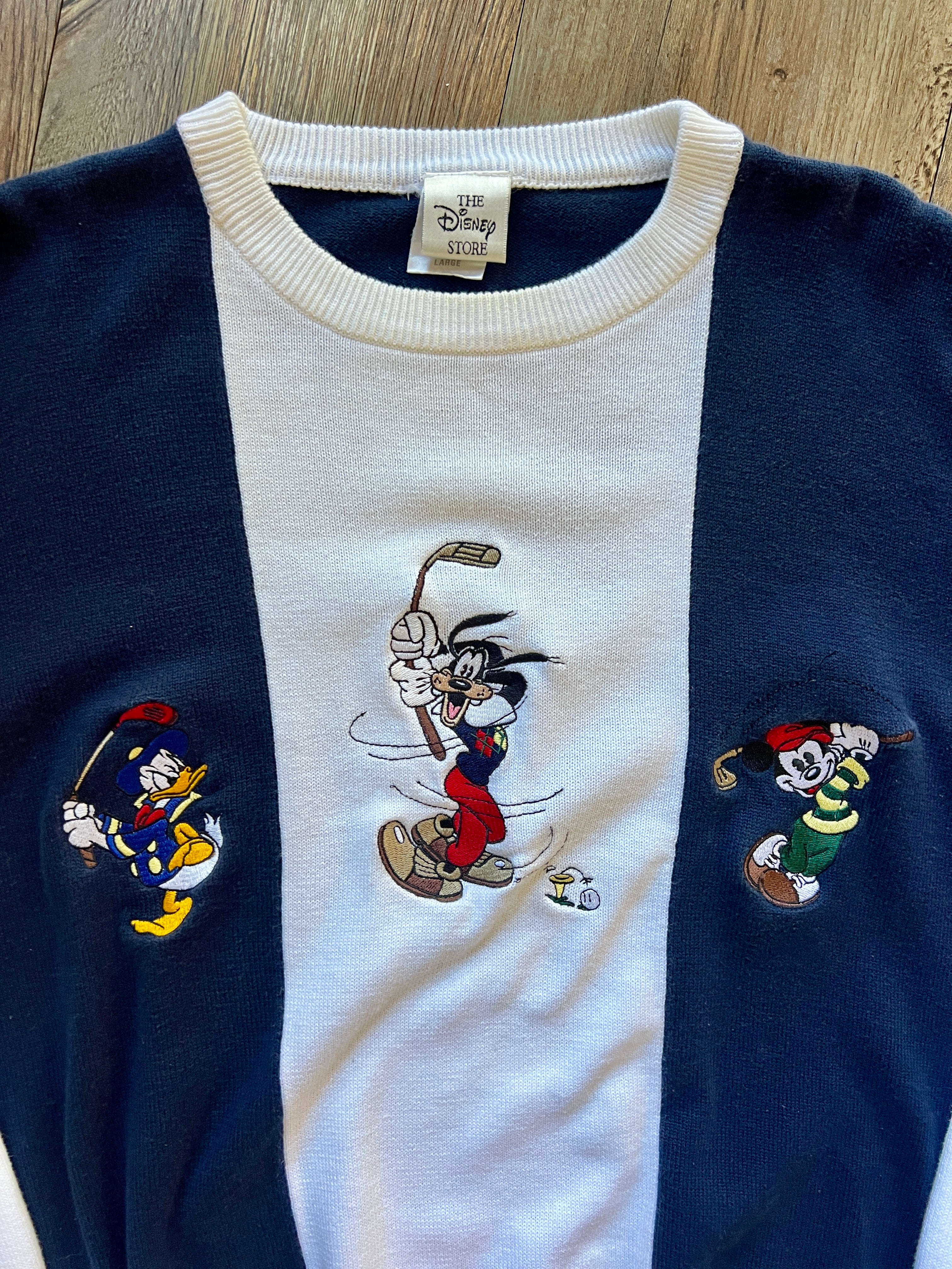 986 -White & Blue Stripe Embroidered Mickey, Goofy, Donald Golfing Pullover - L