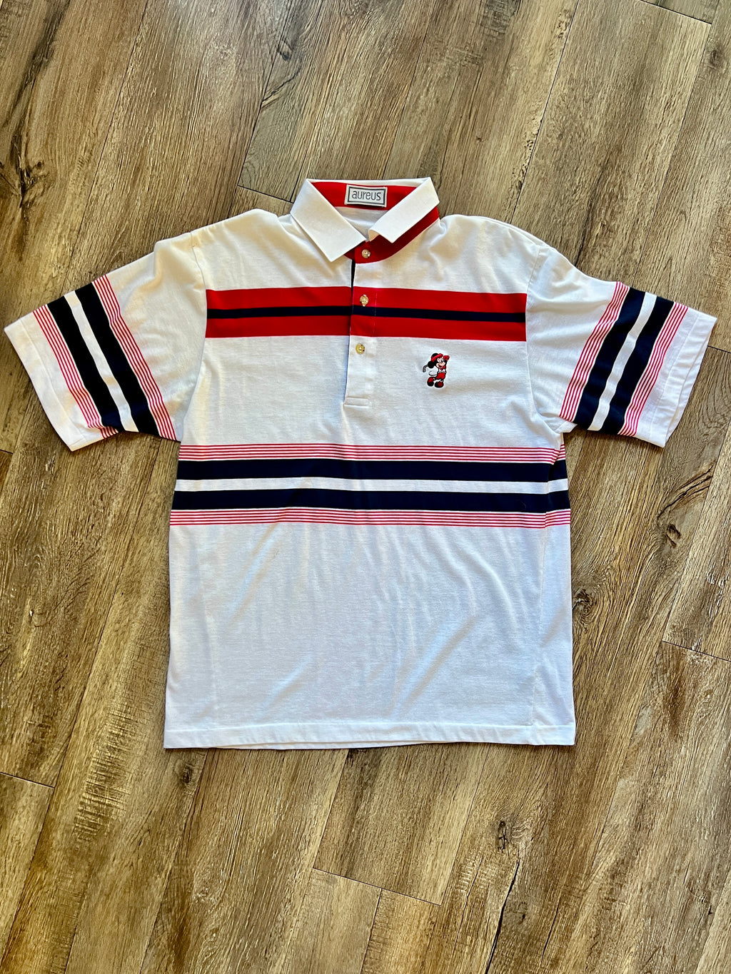 989 -White, Black, & Red Stripe Embroidered Golfing Mickey Aureus Polo - L