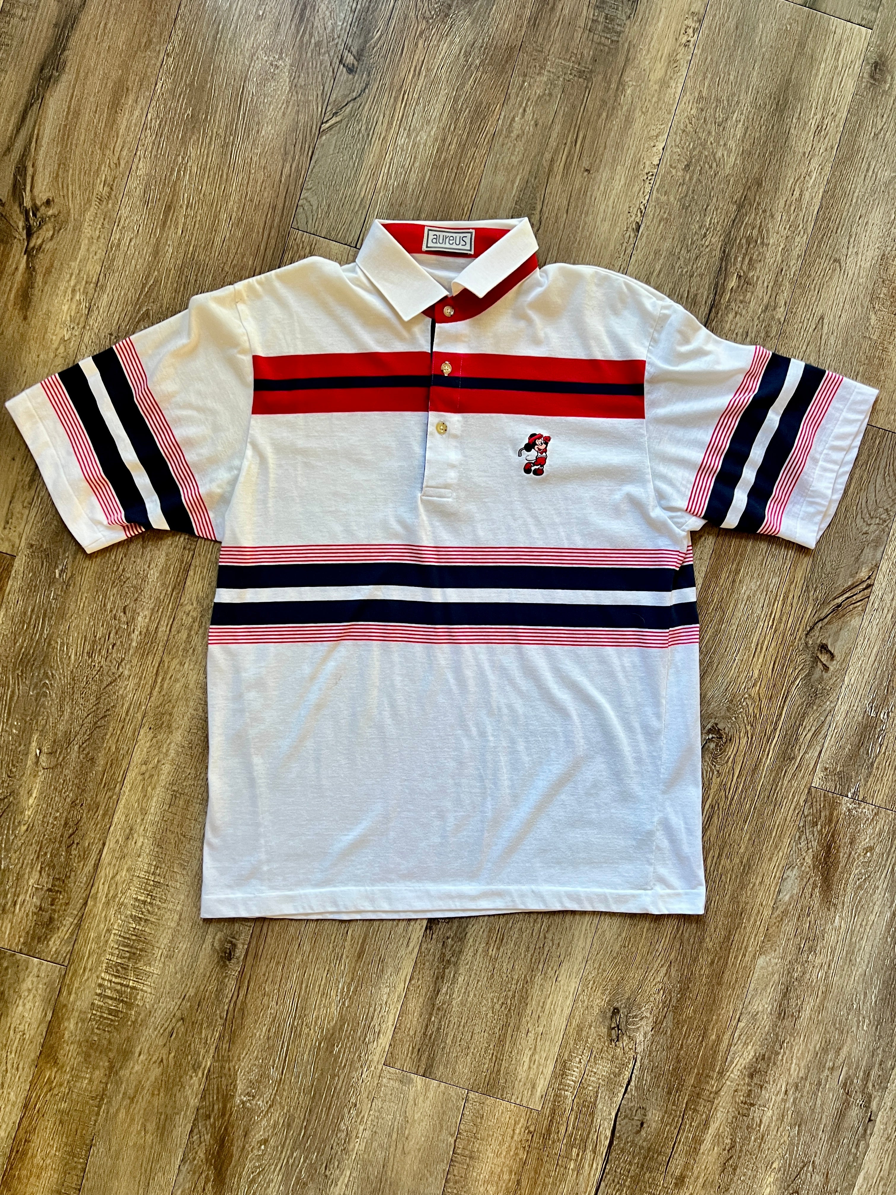 989 -White, Black, & Red Stripe Embroidered Golfing Mickey Aureus Polo - L