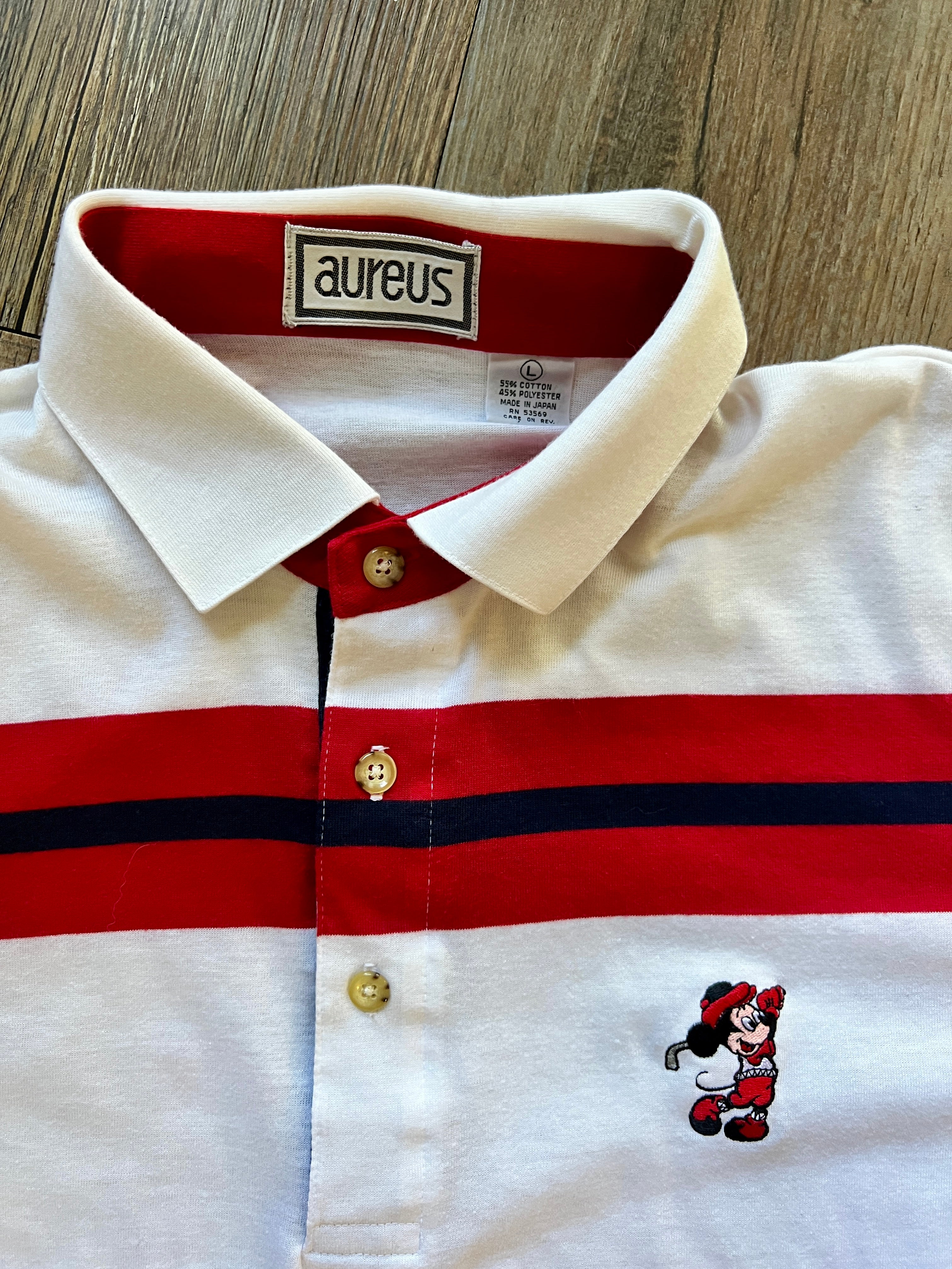 989 -White, Black, & Red Stripe Embroidered Golfing Mickey Aureus Polo - L