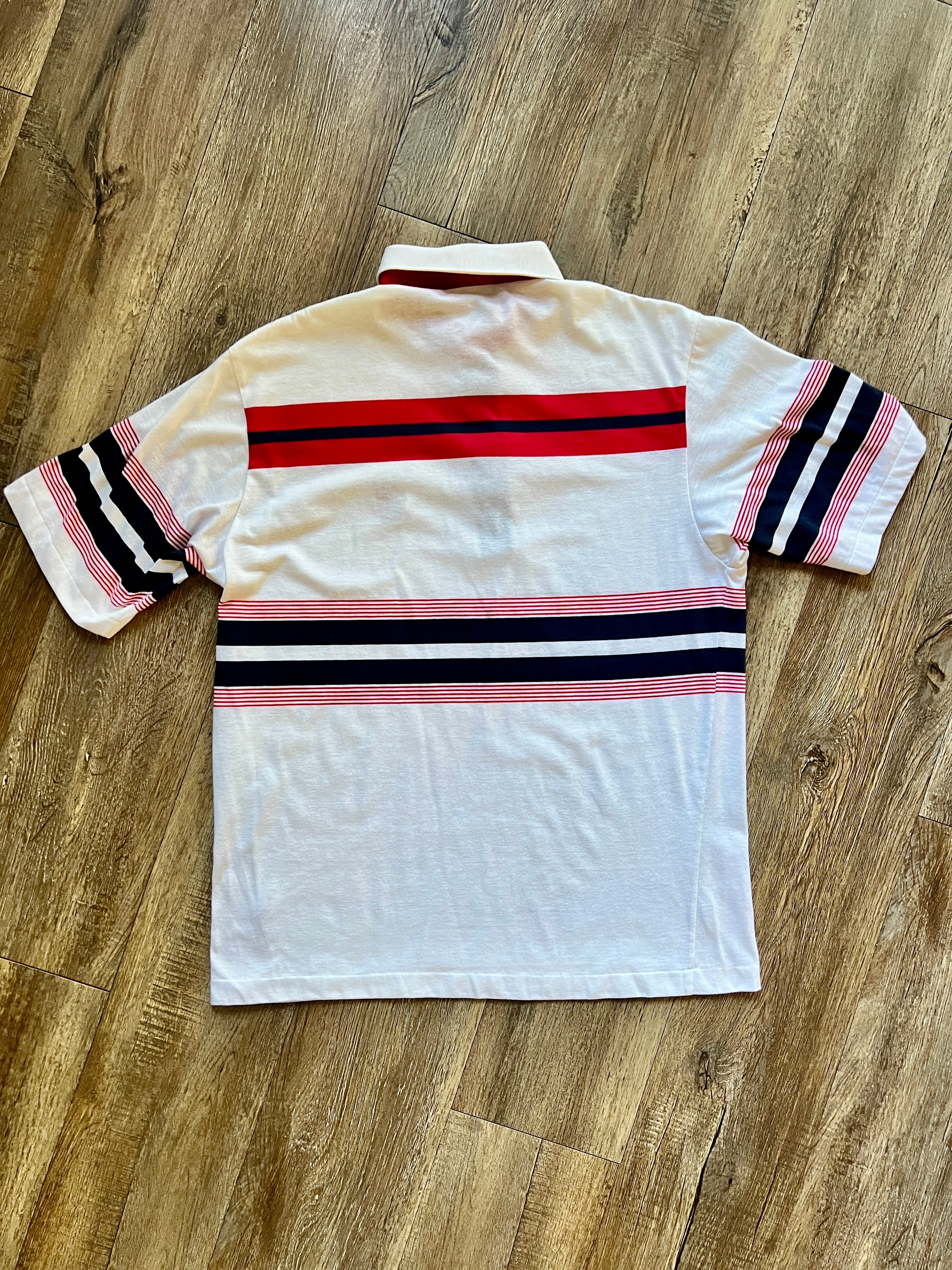 989 -White, Black, & Red Stripe Embroidered Golfing Mickey Aureus Polo - L