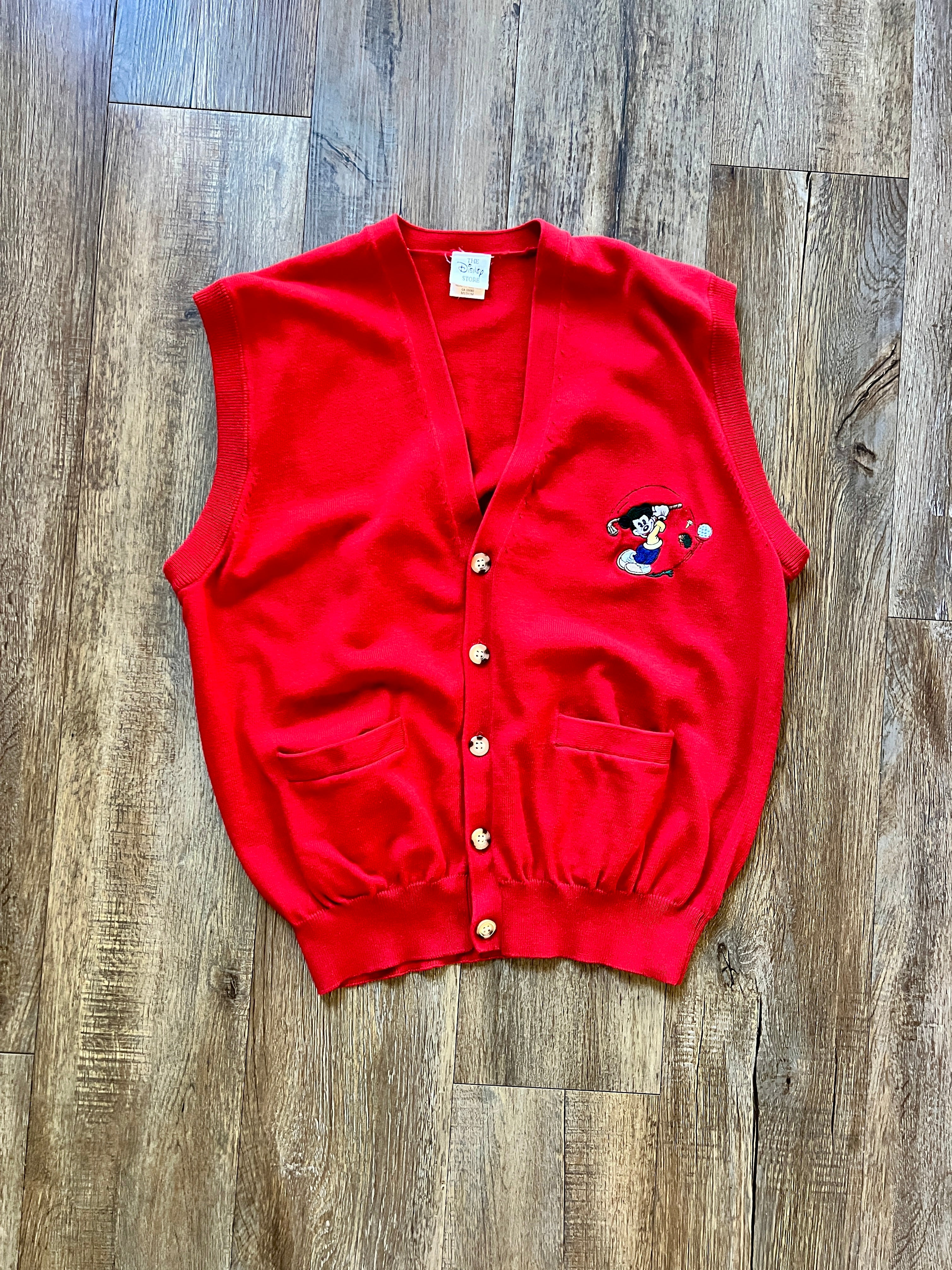 995 -Red The Disney Store Embroidered Golfing Mickey Button Up Sweater Vest - M
