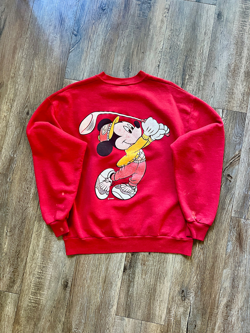 994 -Red Embroidered Pocket Golfing Mickey Back Hit Velva Sheen Crewneck - L