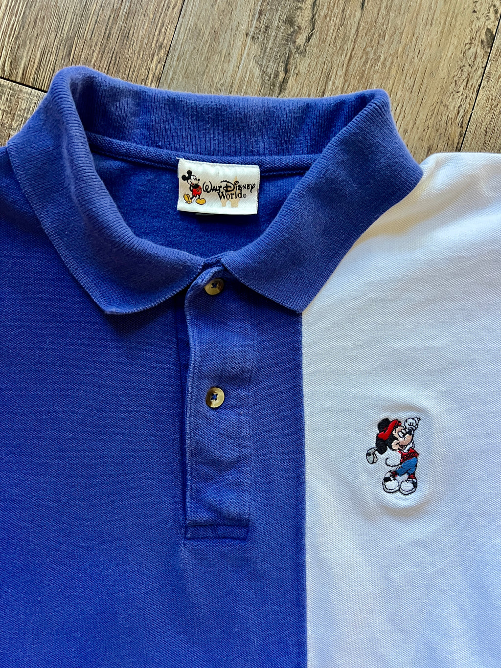 1005 -Red, White, & Blue Large Stripe Embroidered Golfing Mickey Pocket Polo - M