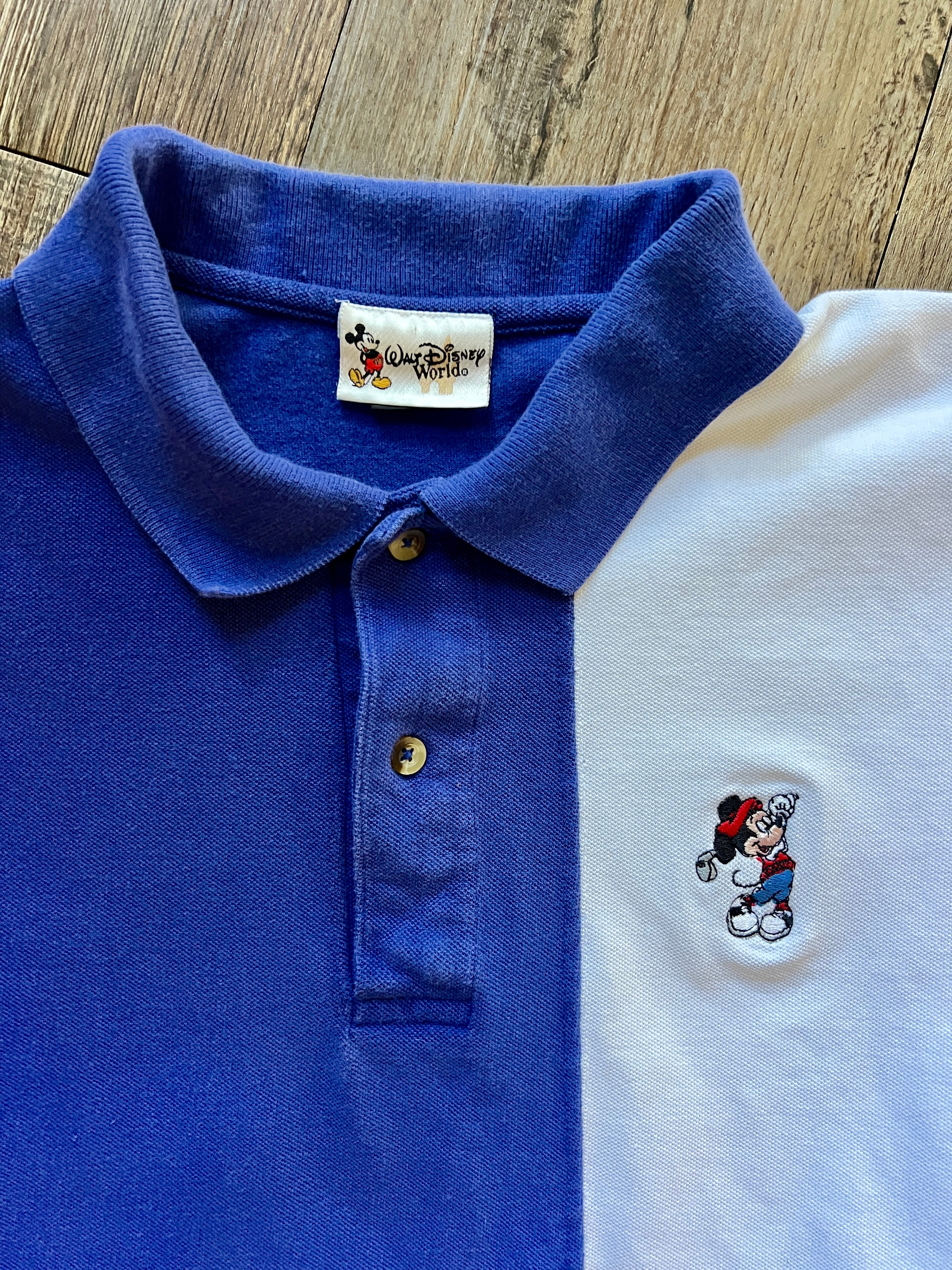 1005 -Red, White, & Blue Large Stripe Embroidered Golfing Mickey Pocket Polo - M
