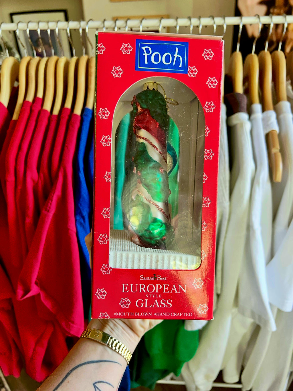 445 -Piglet Candy Cane Blown Glass Ornament