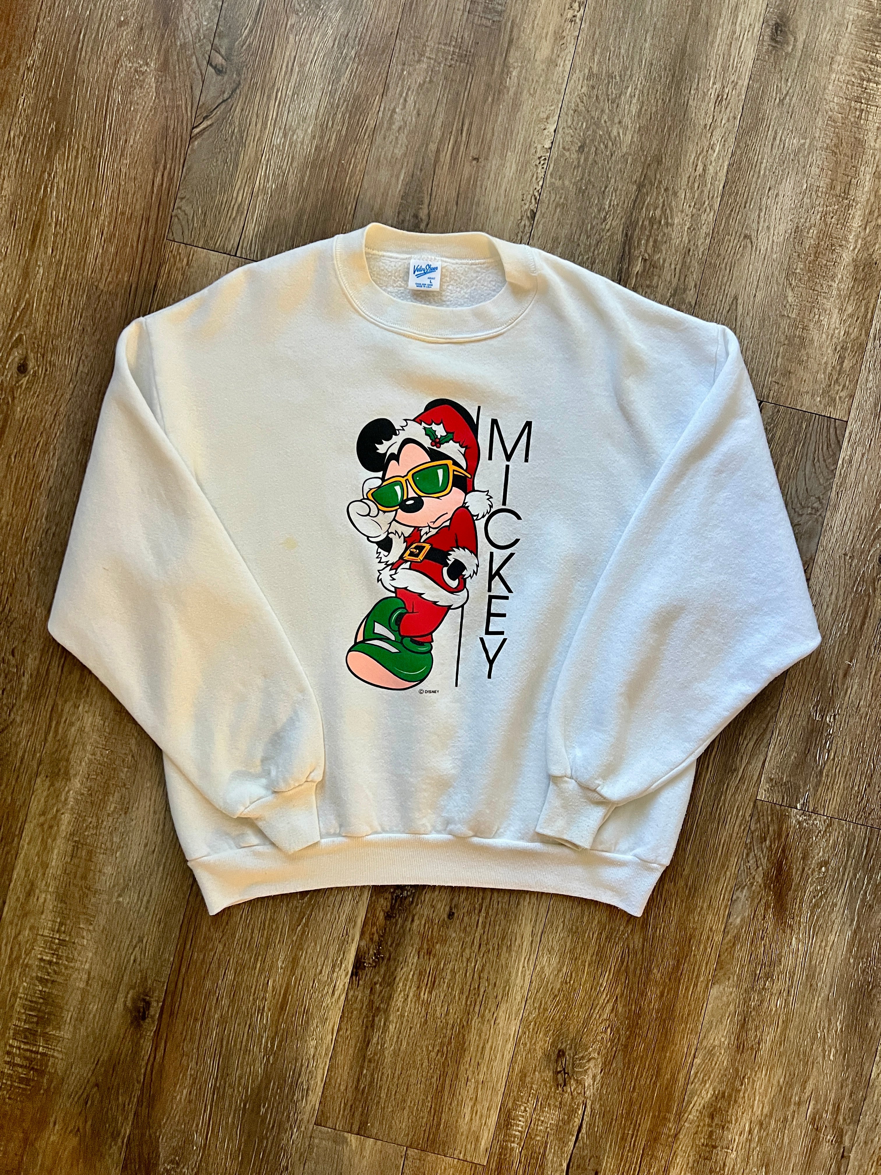 400 -White Santa Mickey Sunglasses Crewneck - L