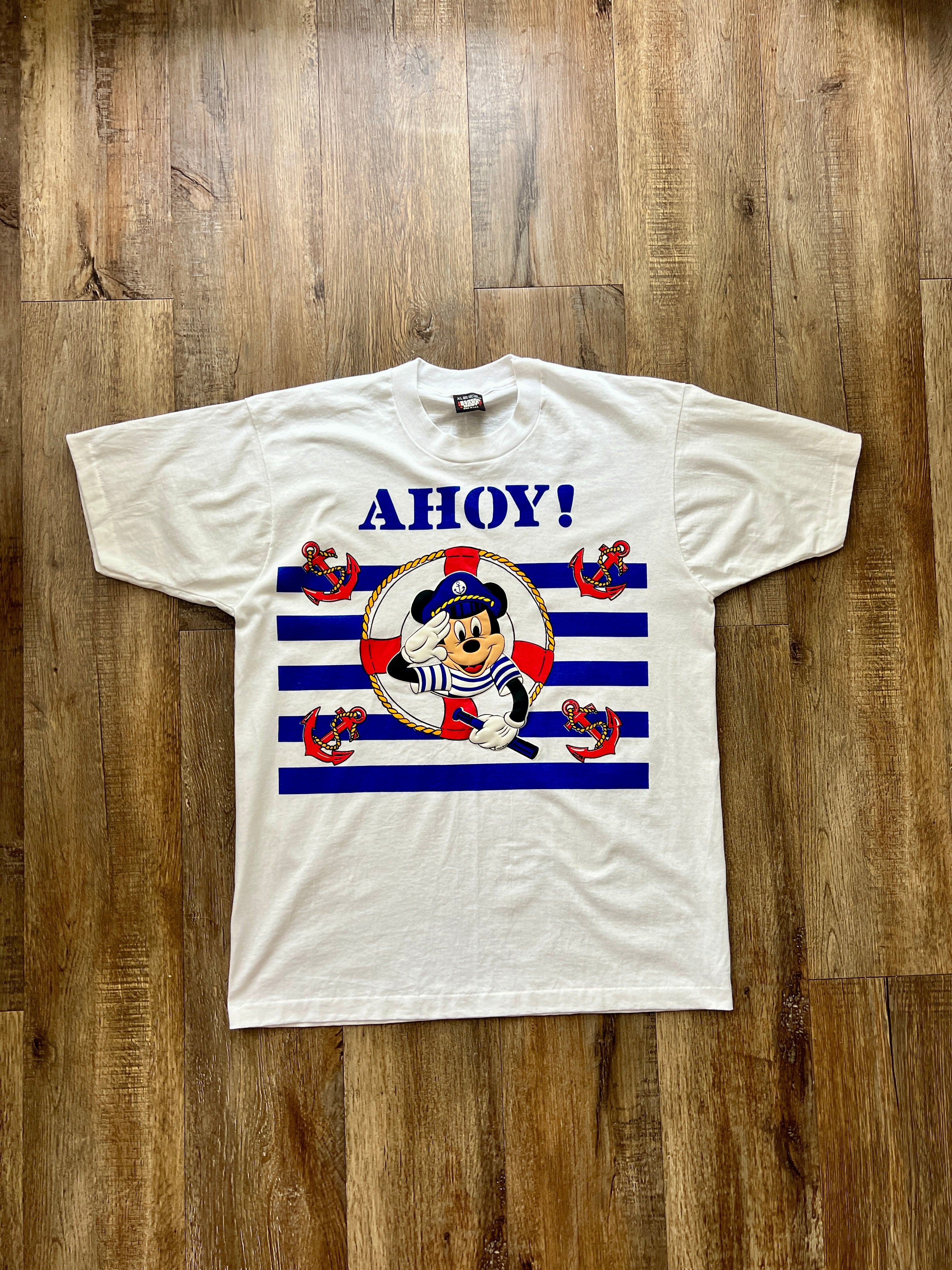 163 -White Ahoy! Mickey Blue Striped Tee XL