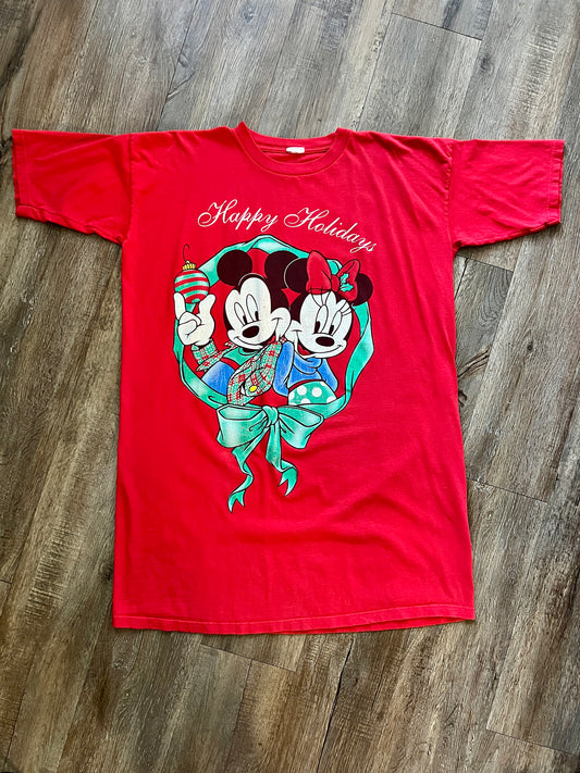 383 -Red Mickey & Minnie Wreath Happy Holidays Sleep Shirt - OSFA / NT