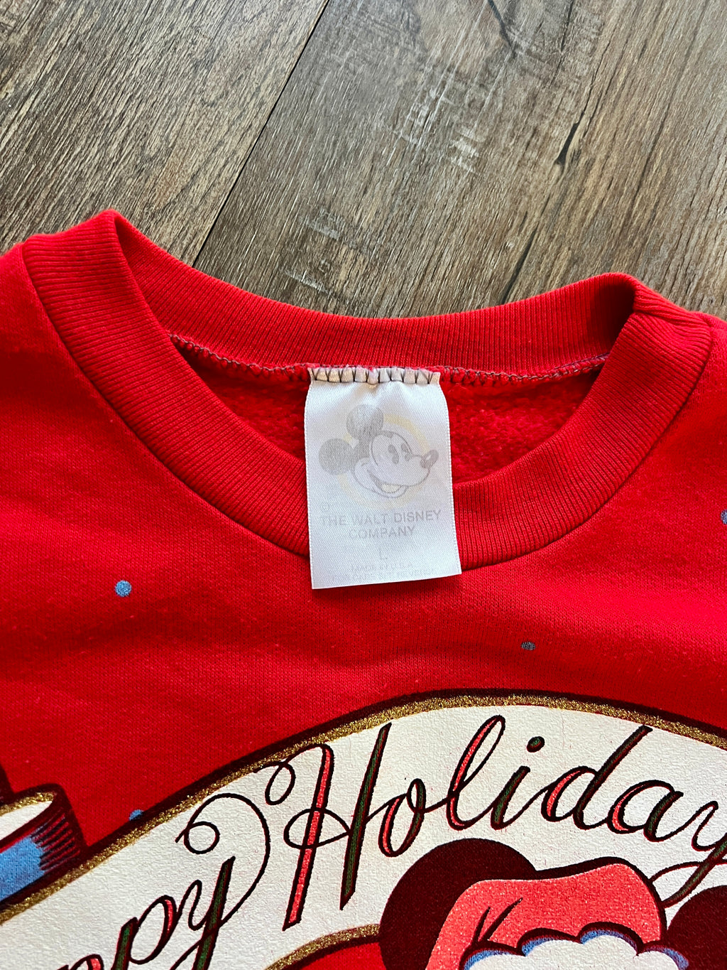 415 -Red Mickey & Minnie Happy Holidays Music Note Crewneck - L