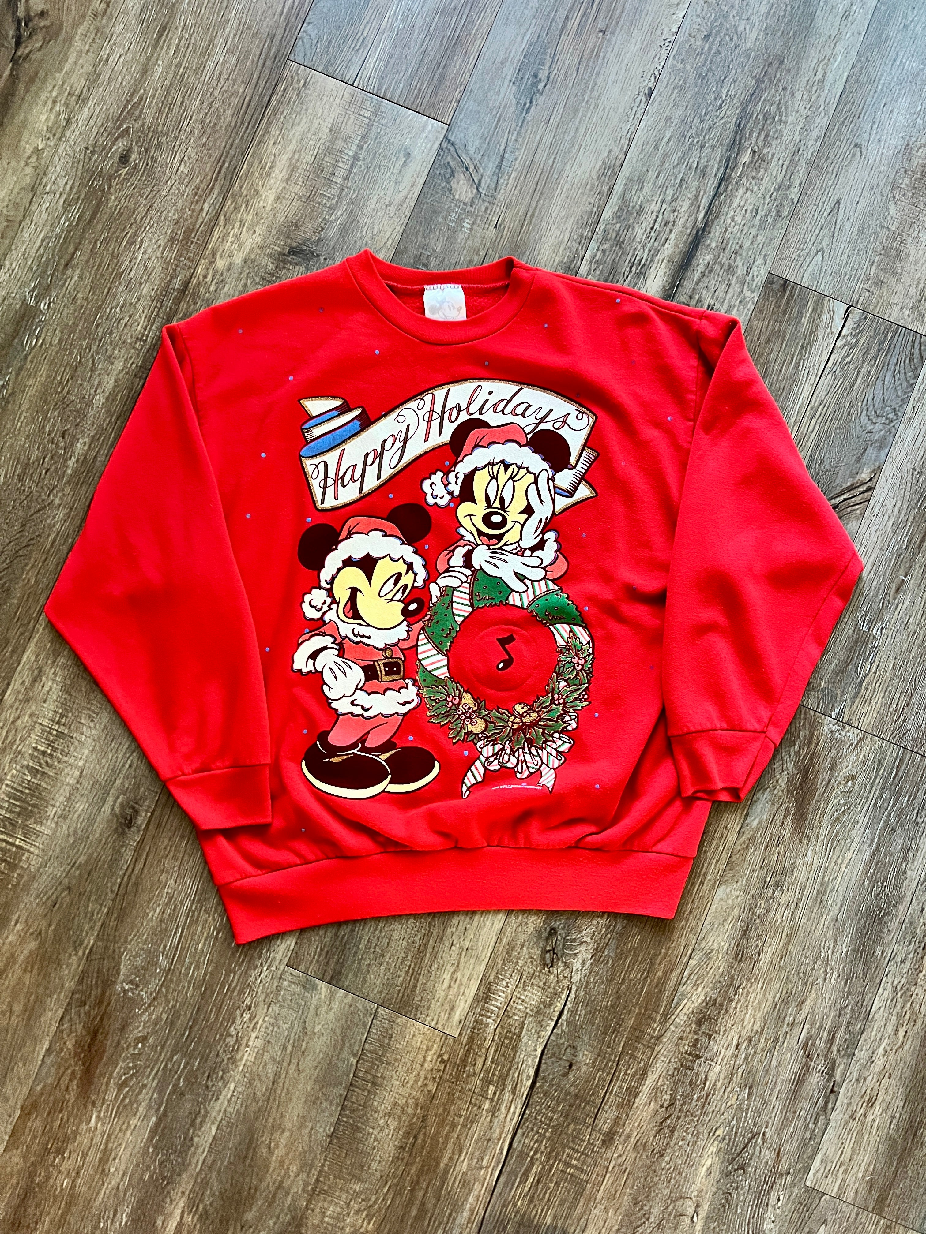 415 -Red Mickey & Minnie Happy Holidays Music Note Crewneck - L