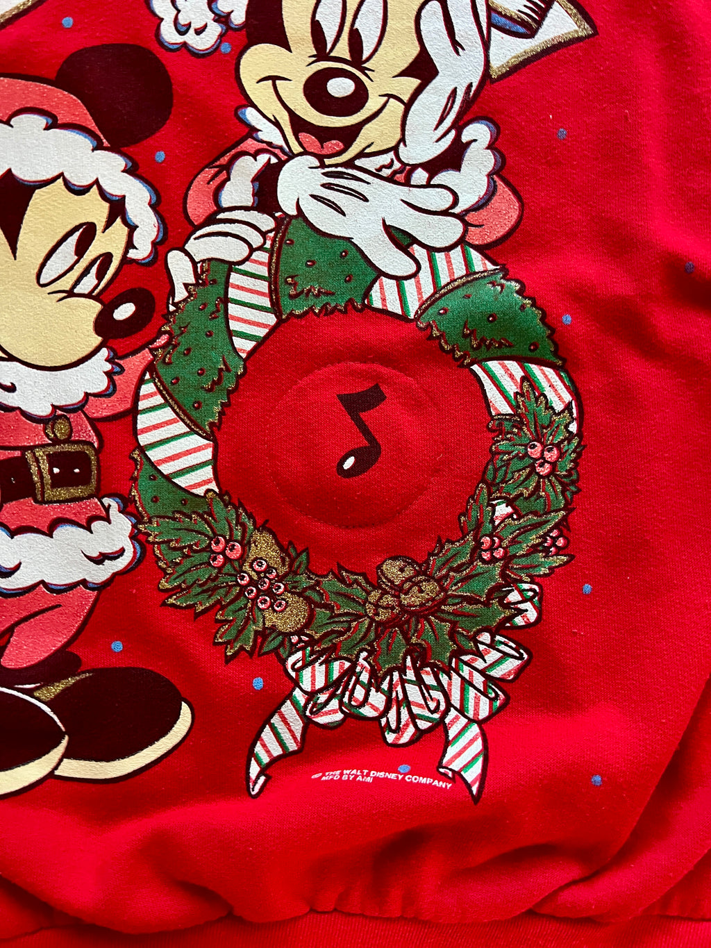 415 -Red Mickey & Minnie Happy Holidays Music Note Crewneck - L