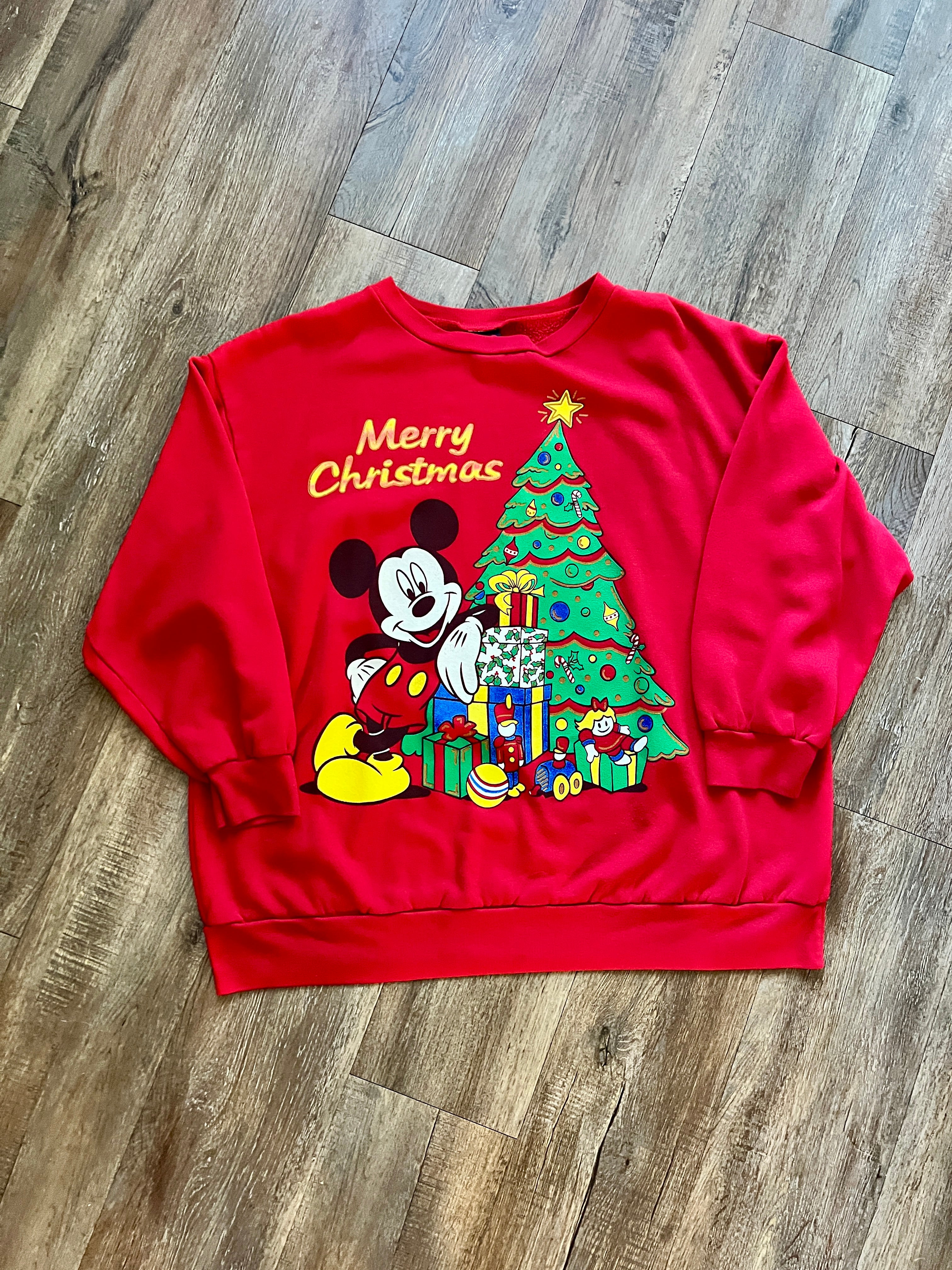 380 -Red Mickey Christmas Tree Merry Christmas Crewneck - L