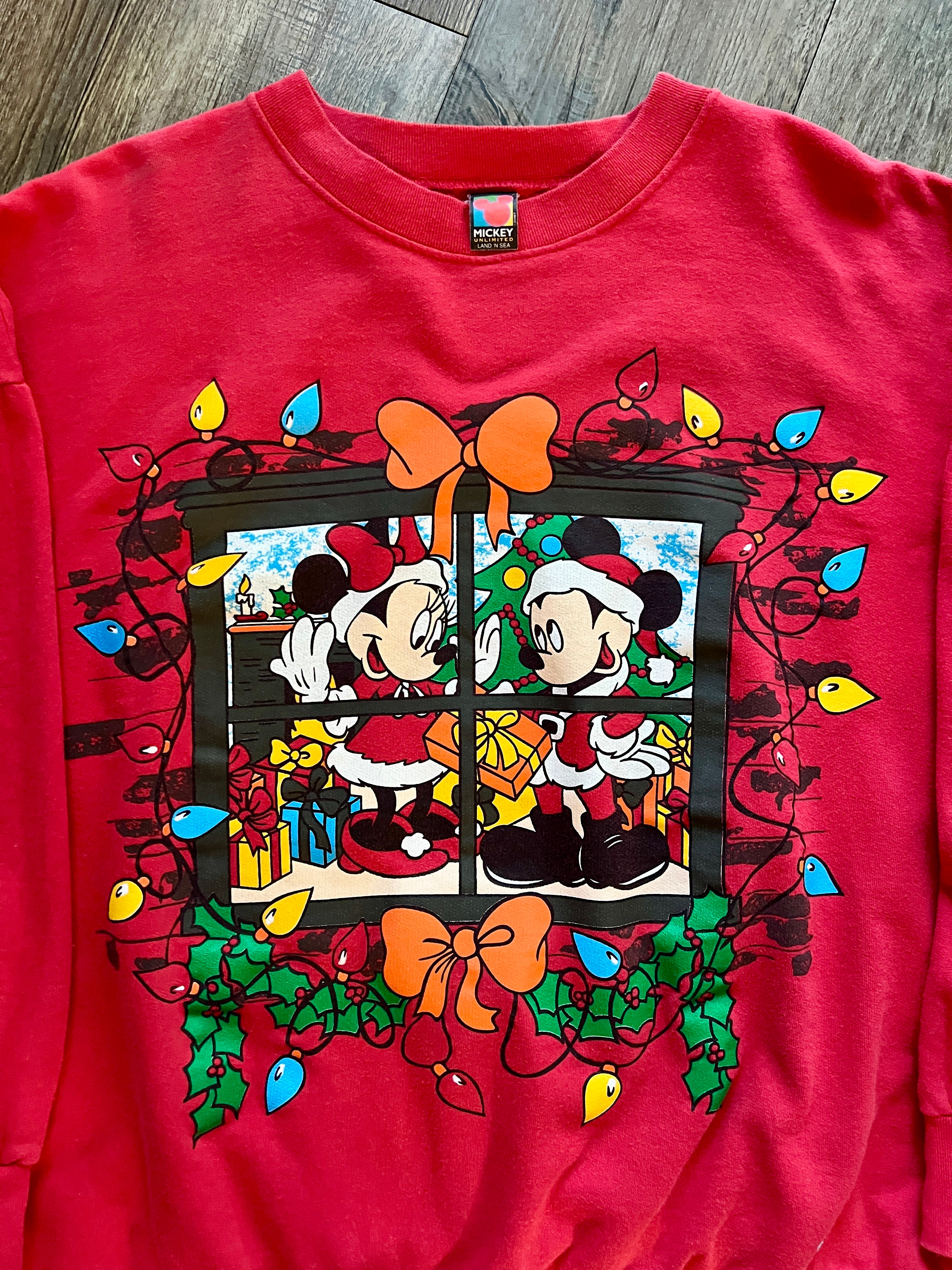 377 -Red Mickey & Minnie Window Christmas Lights Crewneck - XL