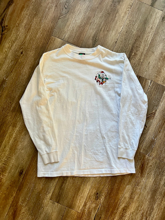 405 -White Embroidered Santa Mickey, Goofy, Donald Long Sleeve Shirt - L