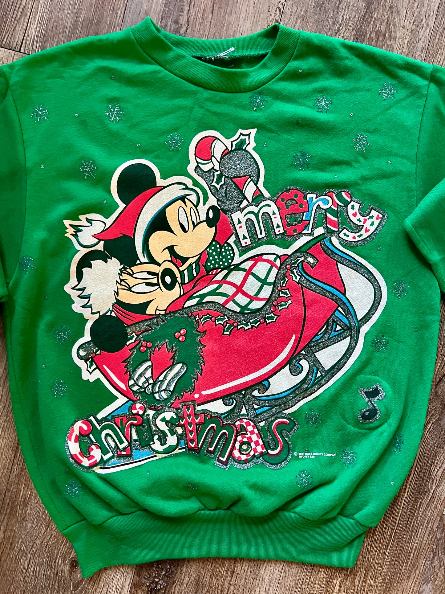 406 -Green Mickey & Minnie Sleigh Ride Music Note Crewneck - S/M