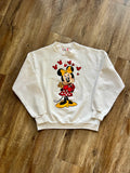 1038 -White Minnie Flower Bouquet Red Mickey Floating Hearts Crewneck - M