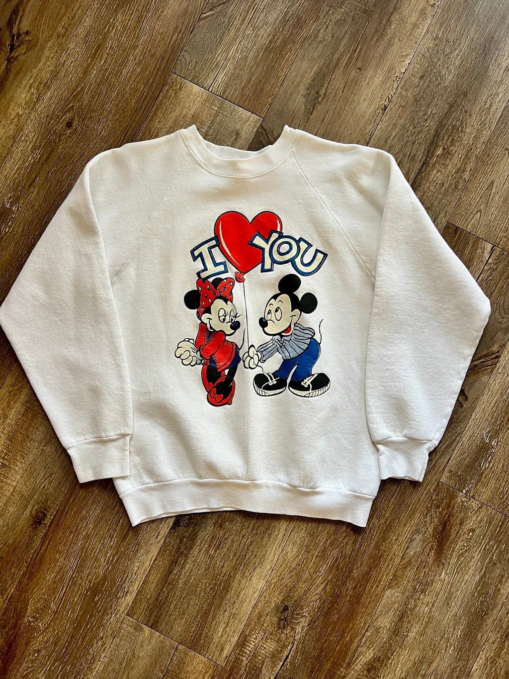 1043 -White Mickey & Minnie I ❤️ You Balloon Crewneck - L