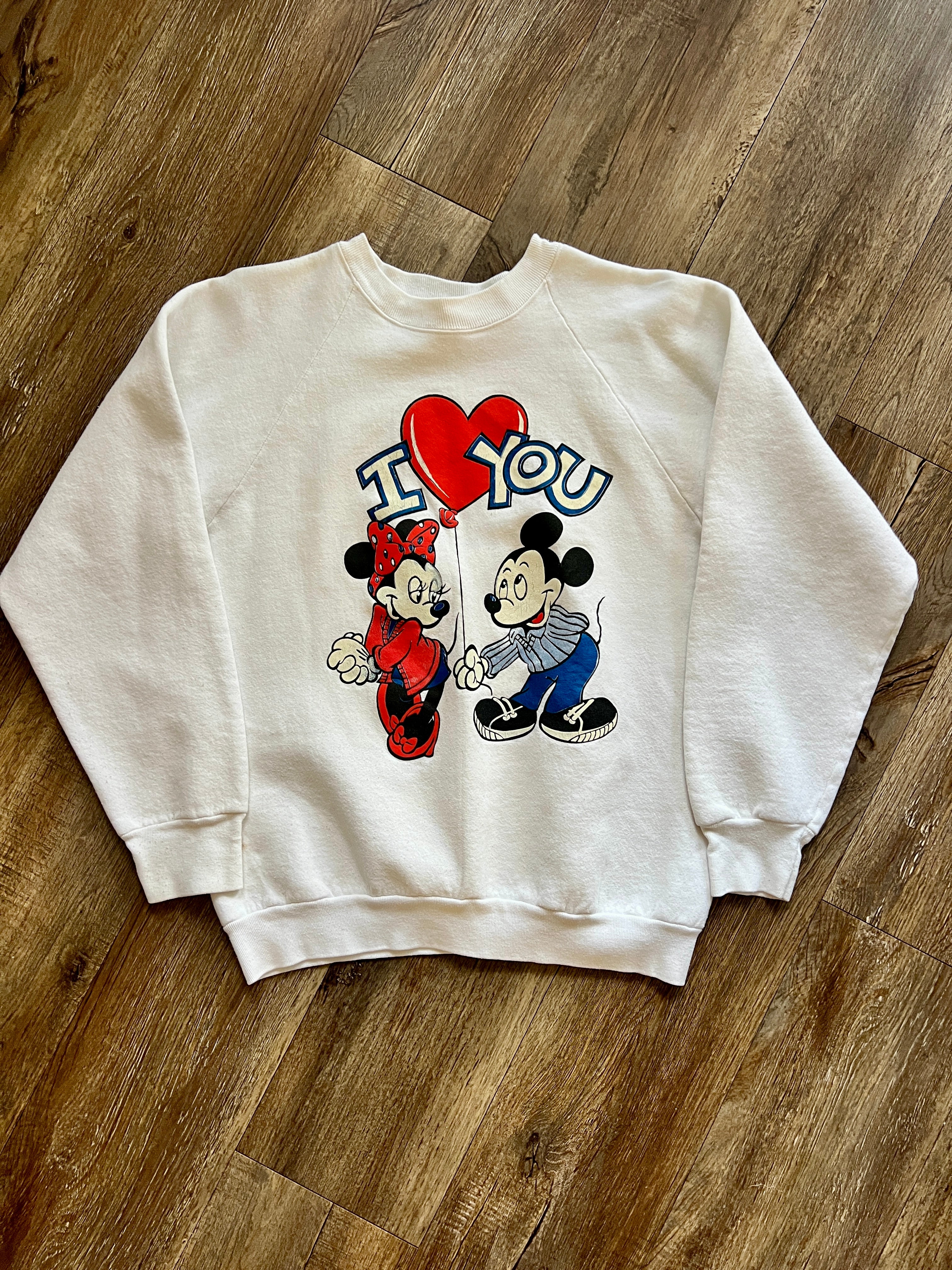 1043 -White Mickey & Minnie I ❤️ You Balloon Crewneck - L