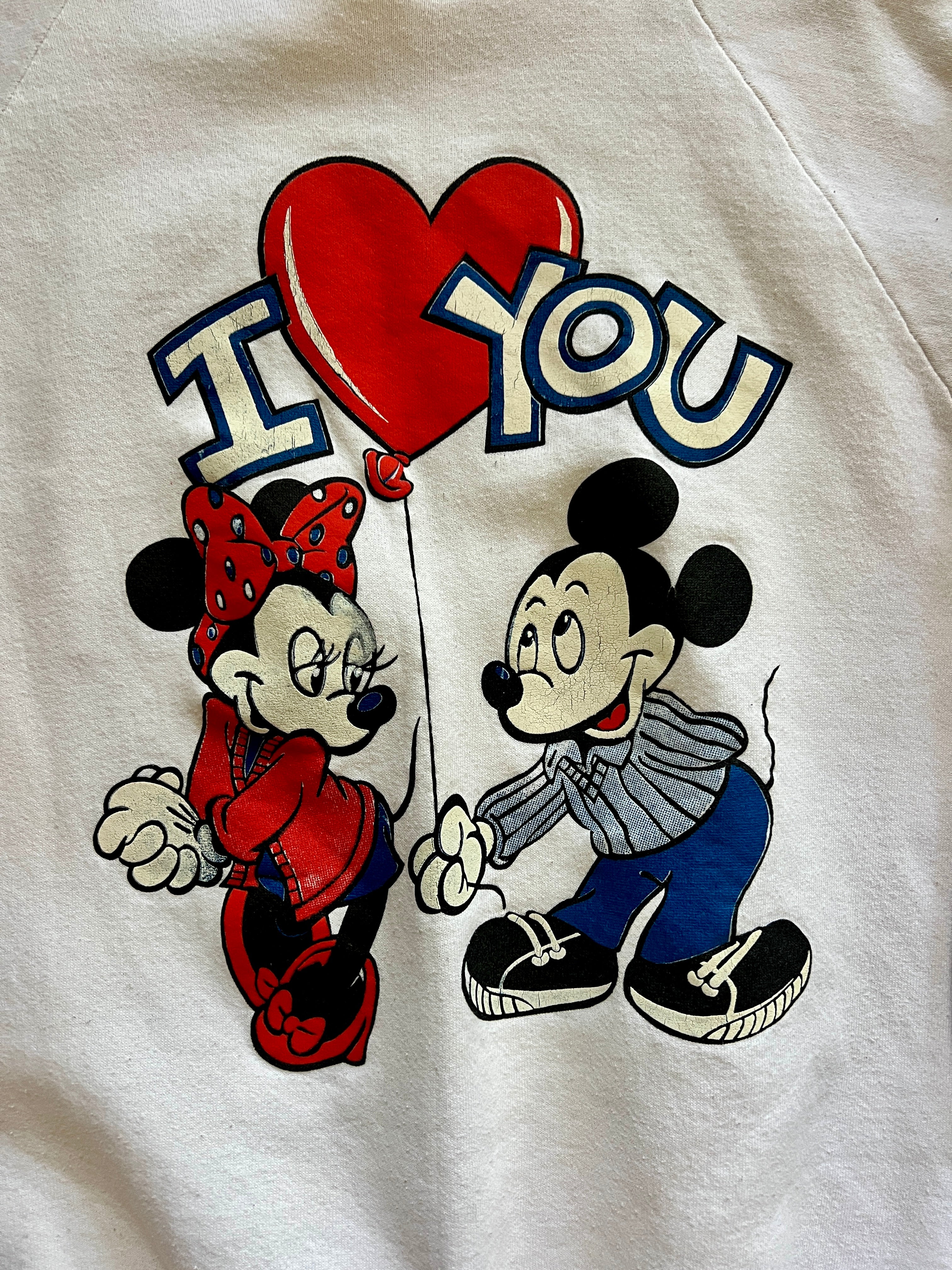 1043 -White Mickey & Minnie I ❤️ You Balloon Crewneck - L