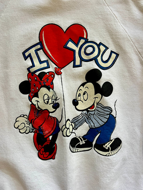 1043 -White Mickey & Minnie I ❤️ You Balloon Crewneck - L