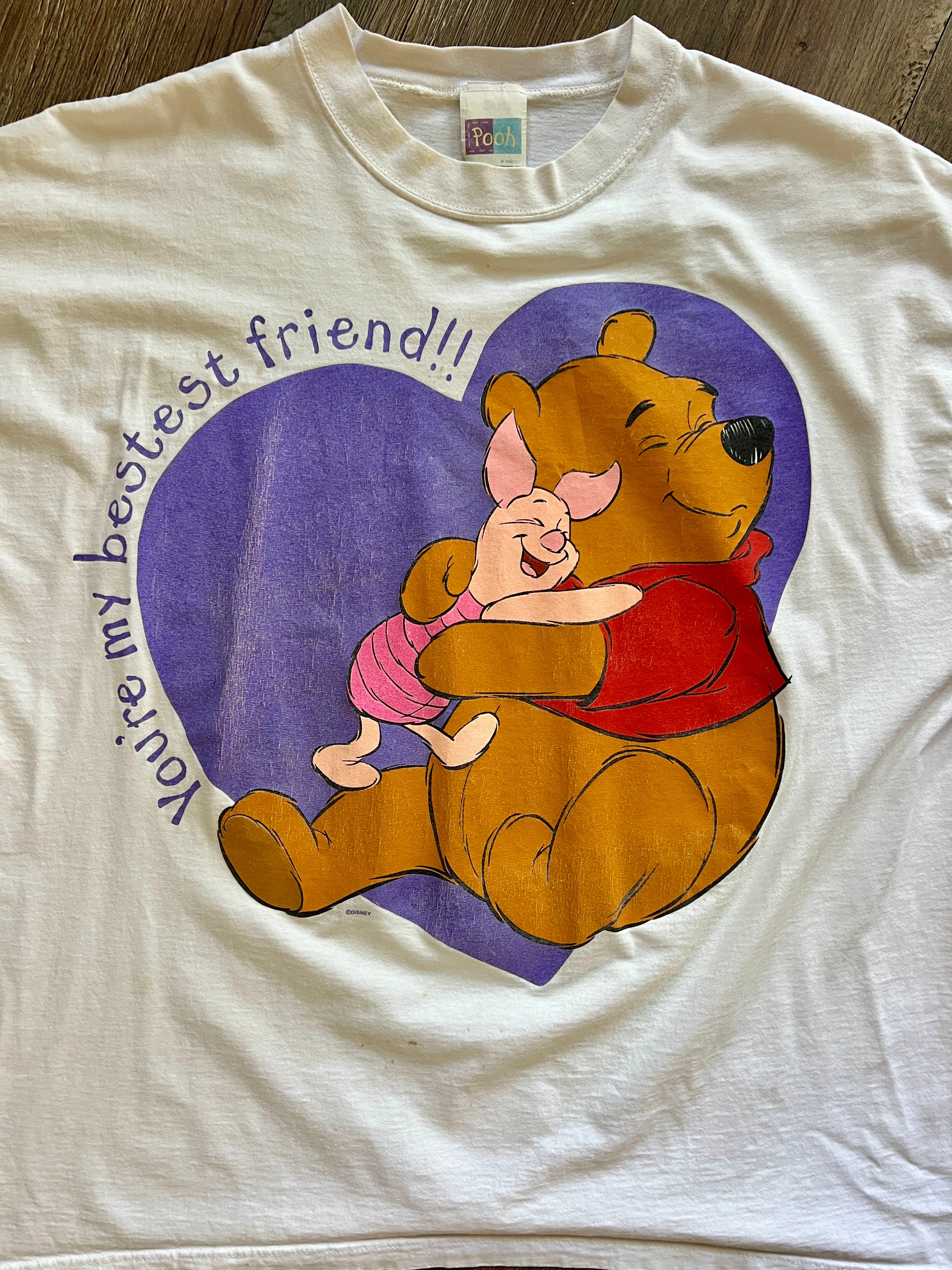 1045 -White You're My Bestest Friend WTP Hugging Piglet Purple Heart Shirt - XL