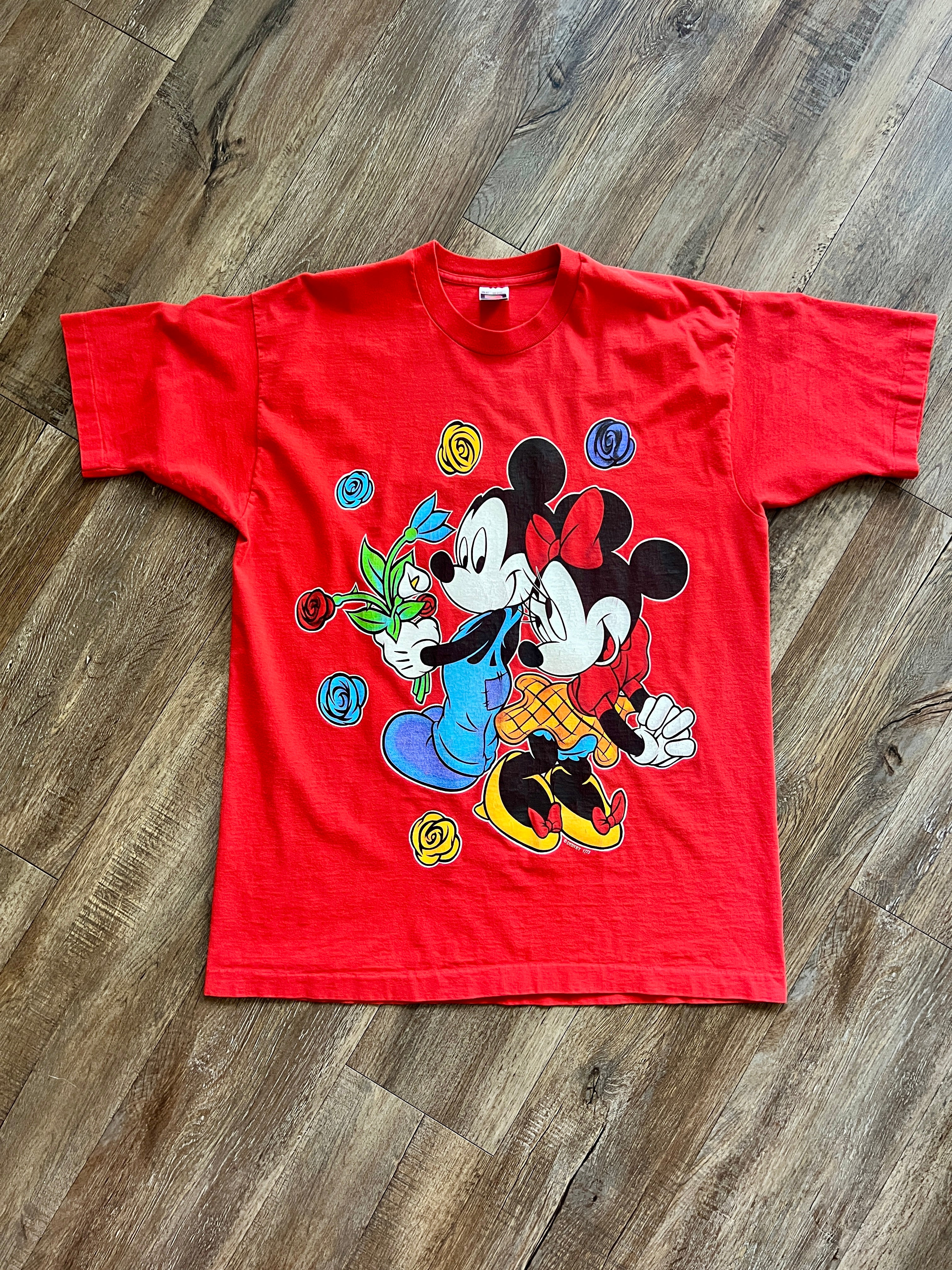 1047 -Red Mickey & Minnie ColorBlock Flowers Shirt - OSFA
