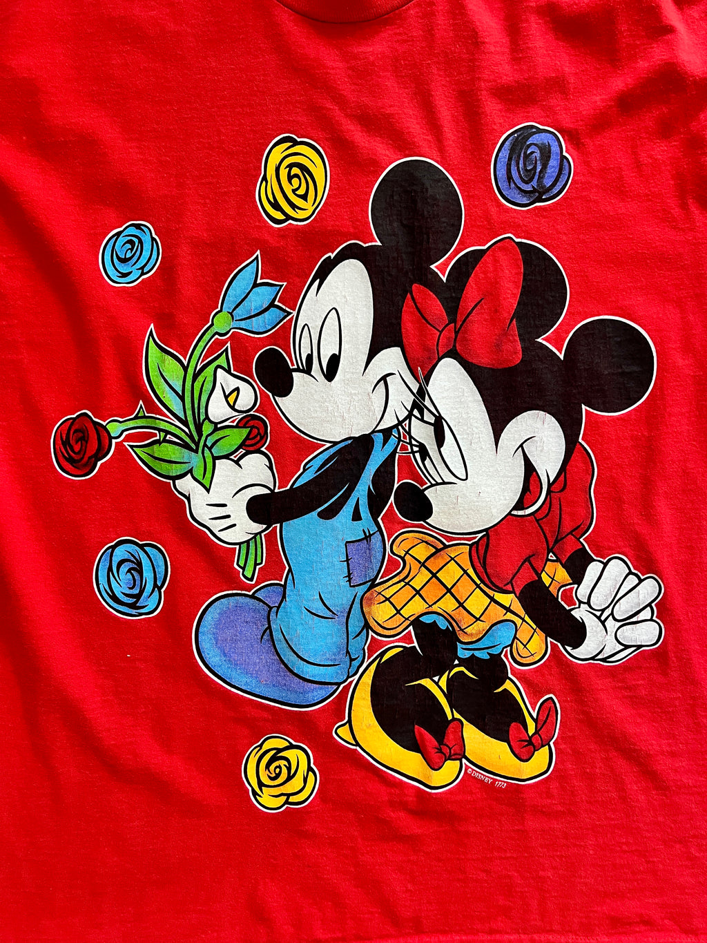 1047 -Red Mickey & Minnie ColorBlock Flowers Shirt - OSFA