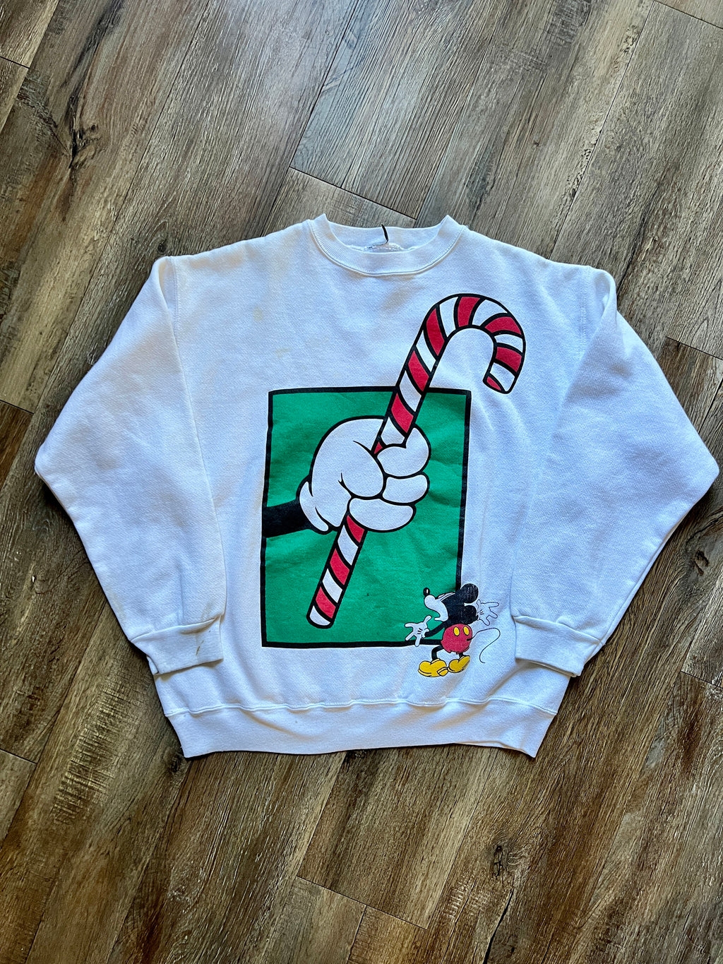 484 - White Giant Mickey Candy Cane Crewneck - L