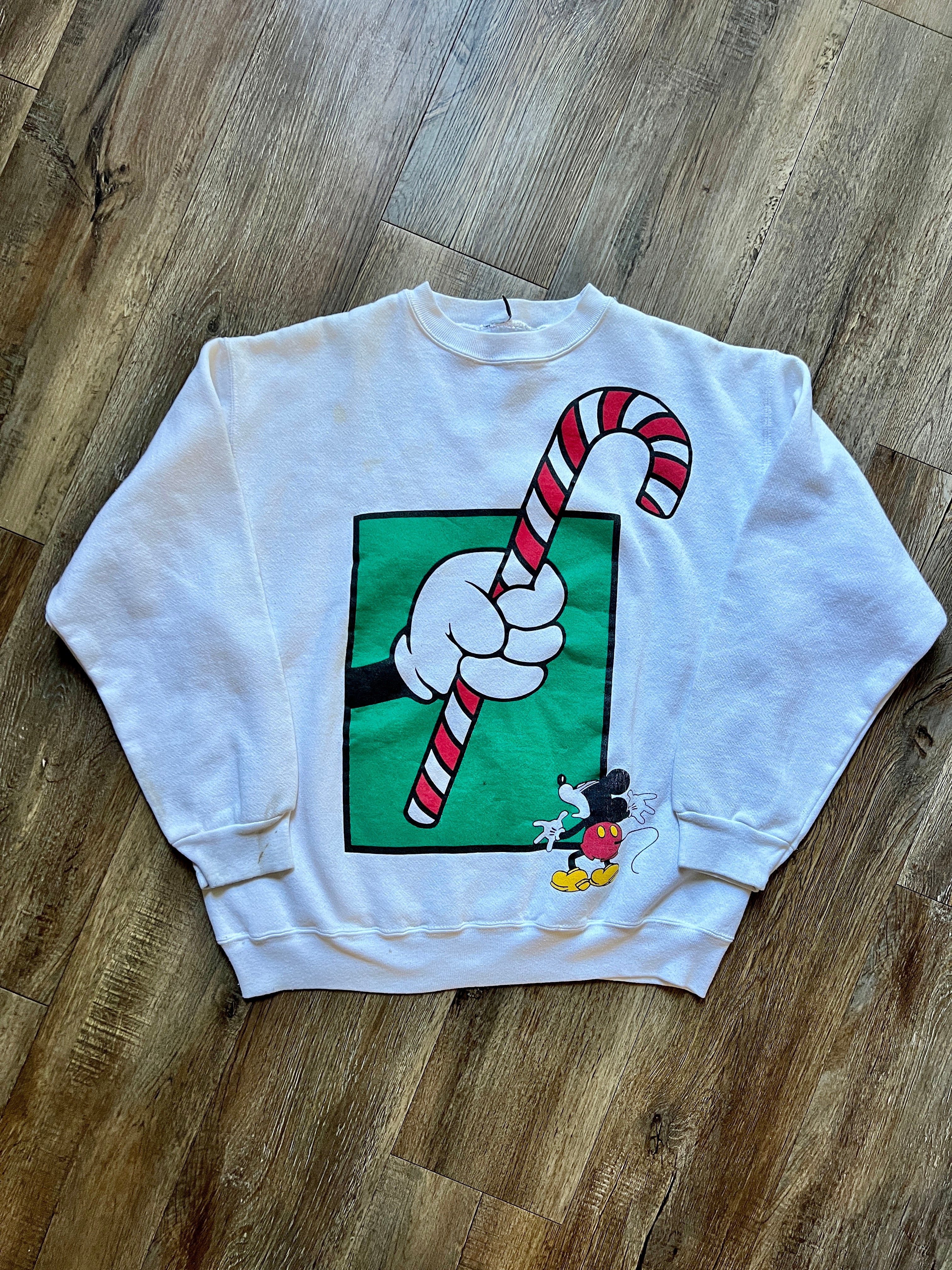 484 - White Giant Mickey Candy Cane Crewneck - L