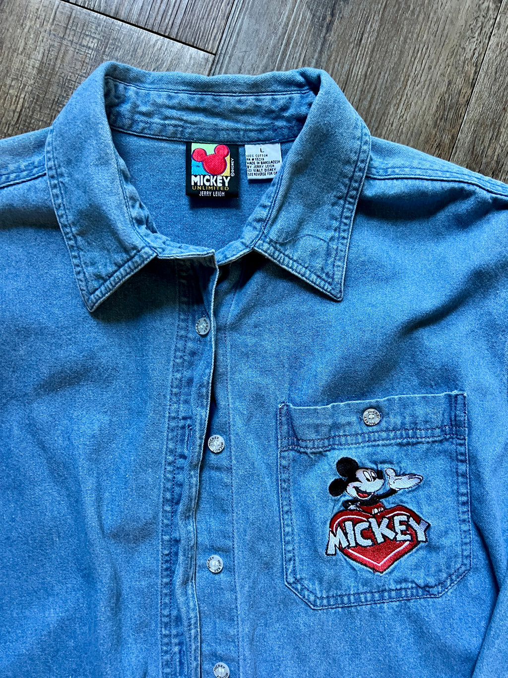 487 - Denim Embroidered Mickey Heart Button Up