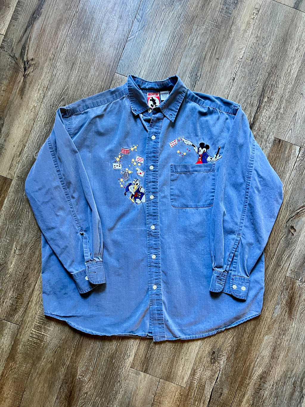 499 -Denim Embroidered Mickey & Donald Magic Trick Button Up - XL