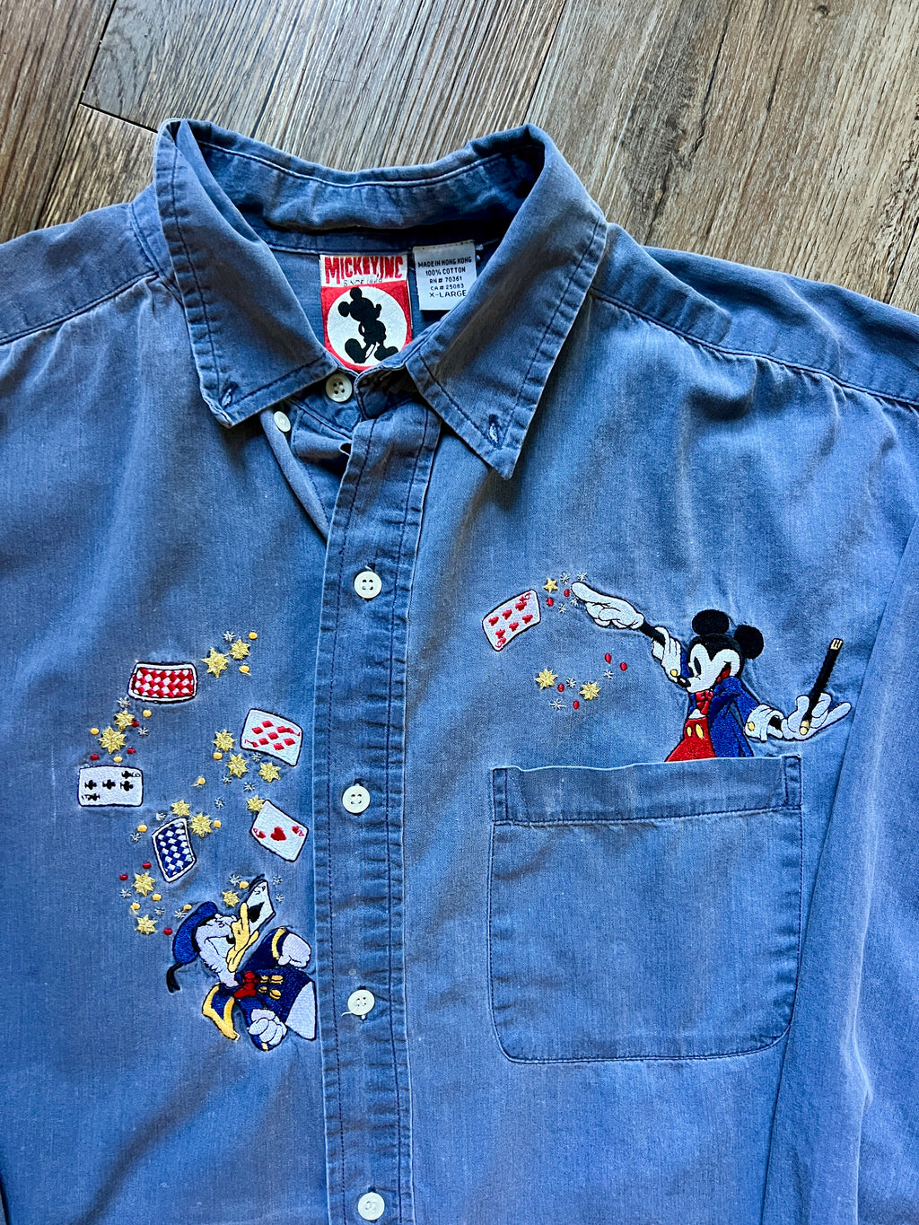 499 -Denim Embroidered Mickey & Donald Magic Trick Button Up - XL