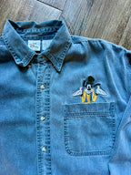 503 -Denim Embroidered Shrugging Goofy  Button Up - M