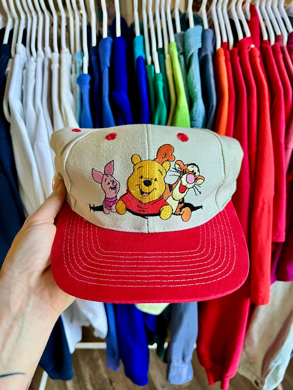 525 -Tan & Red Embroidered Piglet, Pooh, & Tigger Hat