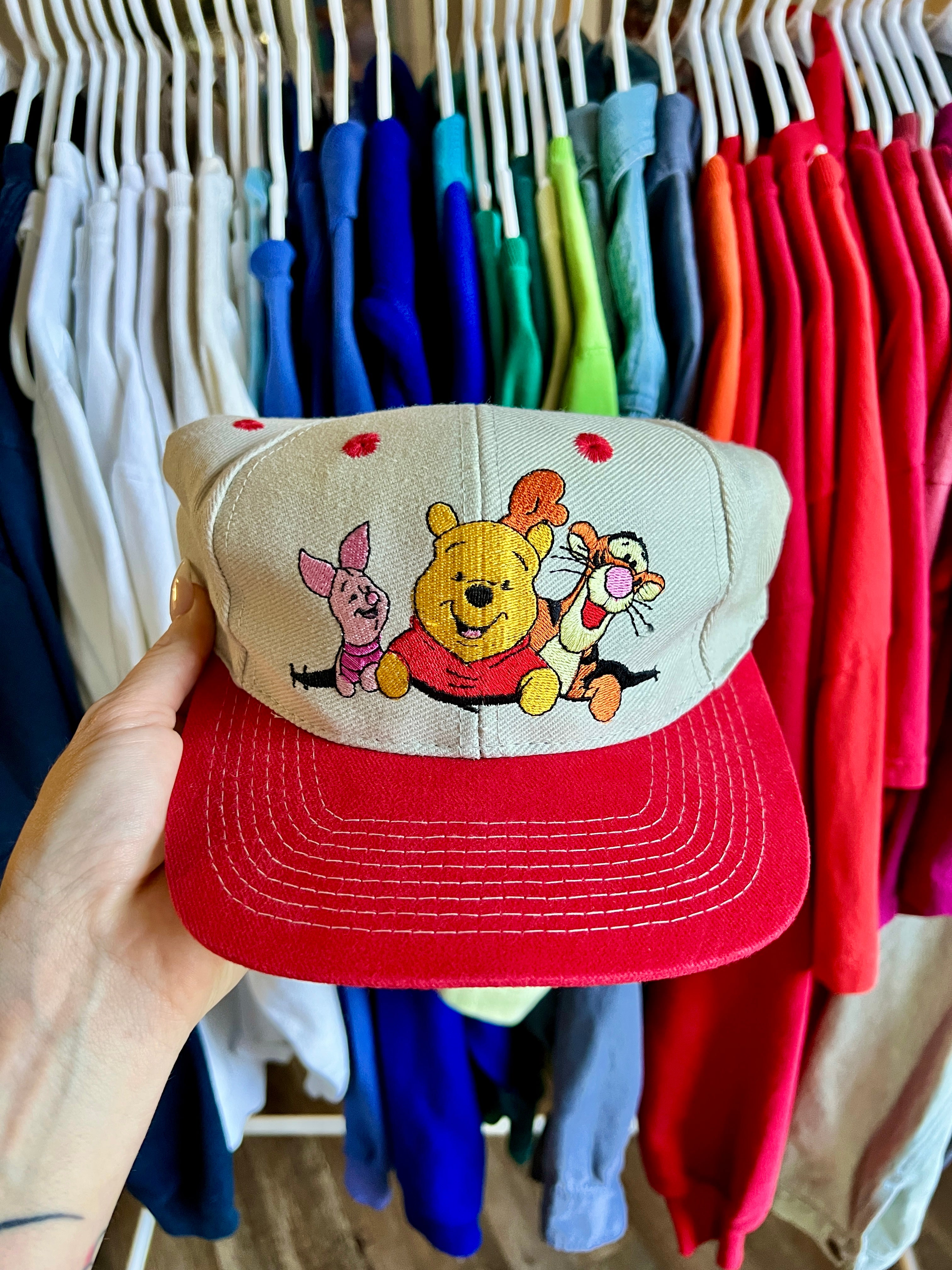 525 -Tan & Red Embroidered Piglet, Pooh, & Tigger Hat