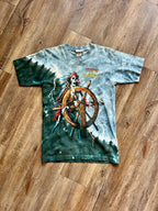 1085 -Grey & Dark Teal Tie-Dye Skeleton Sailor Pirates of the Caribbean Back Map Hit Shirt - S