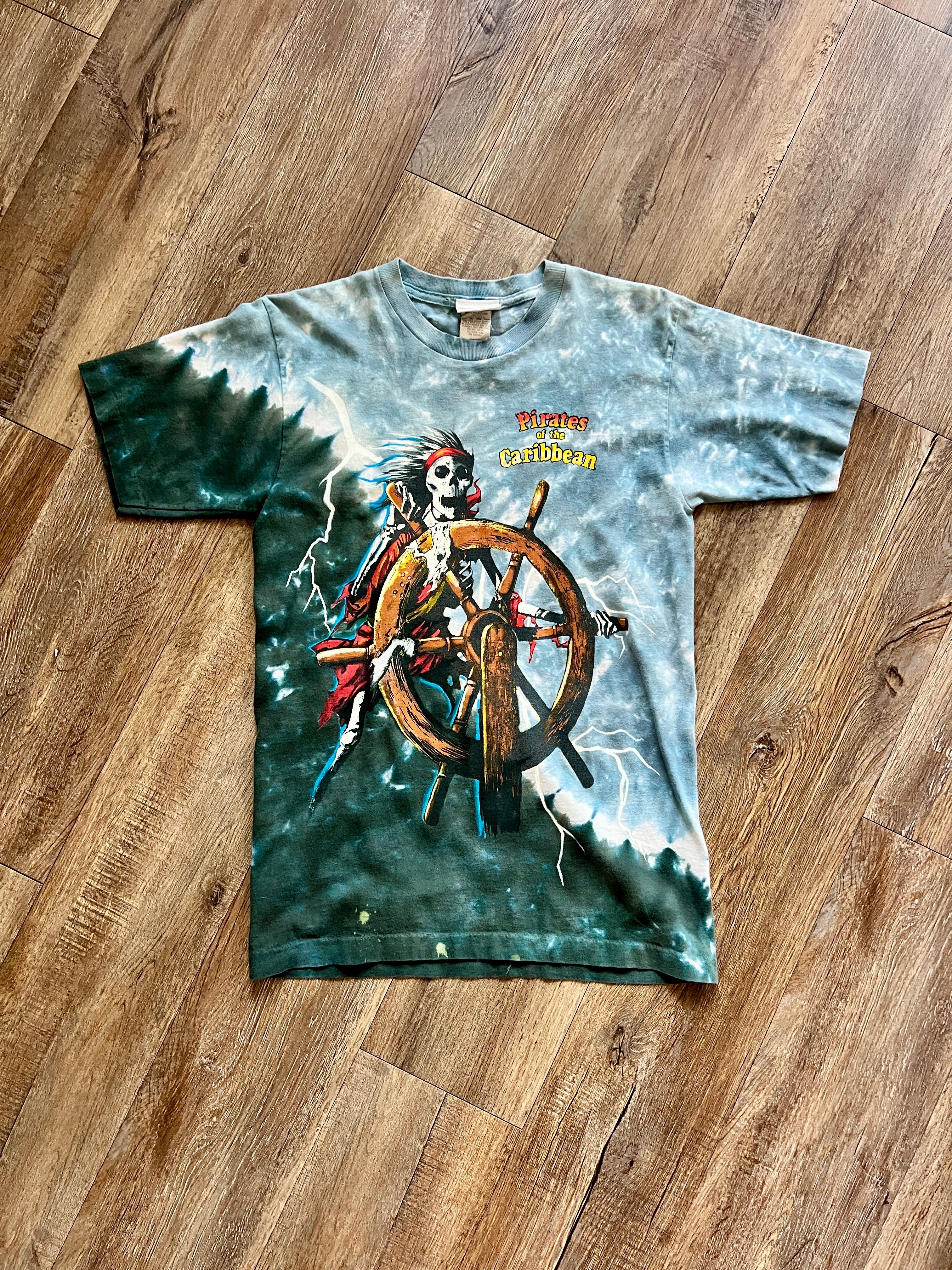 1085 -Grey & Dark Teal Tie-Dye Skeleton Sailor Pirates of the Caribbean Back Map Hit Shirt - S