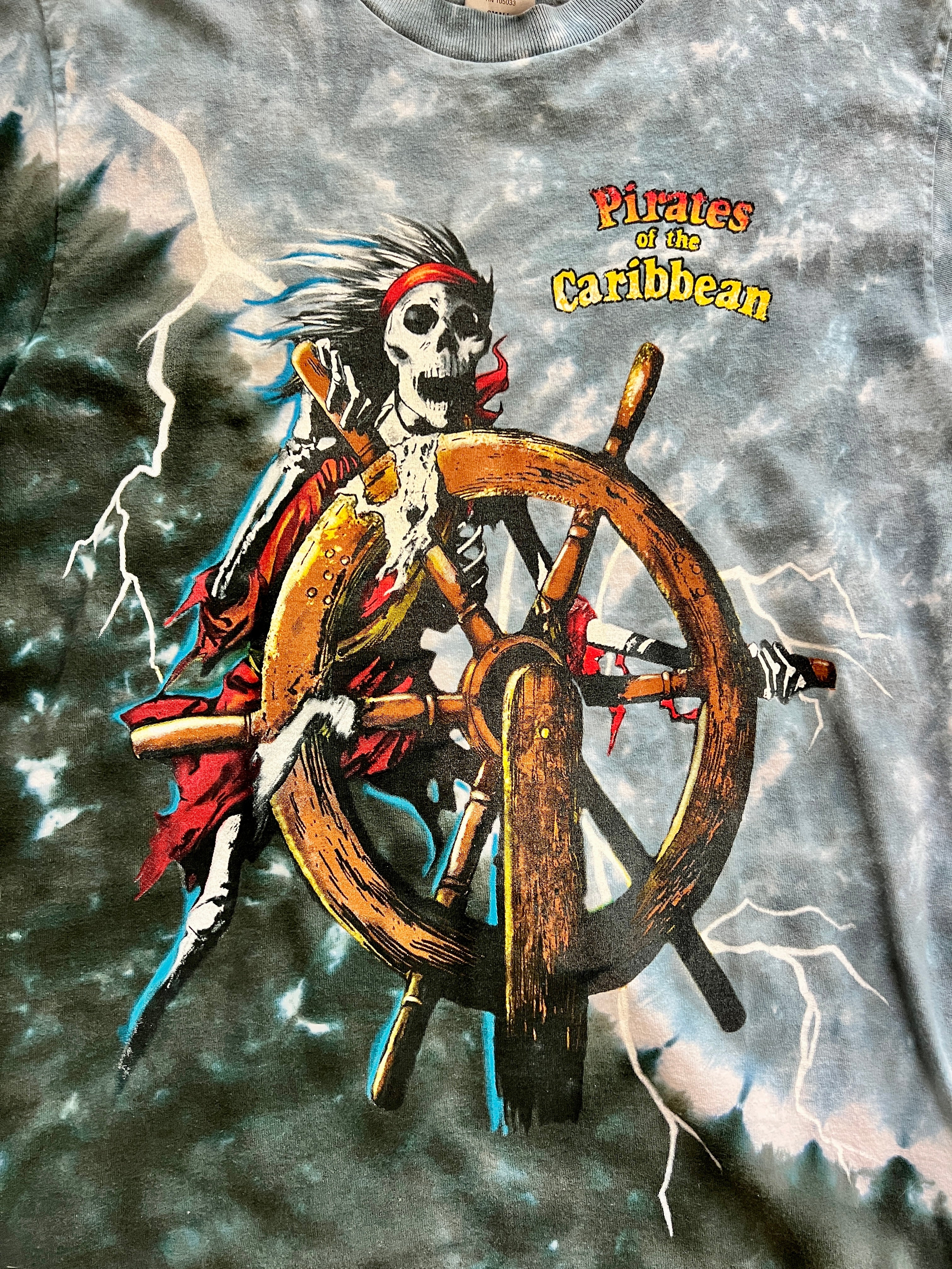 1085 -Grey & Dark Teal Tie-Dye Skeleton Sailor Pirates of the Caribbean Back Map Hit Shirt - S
