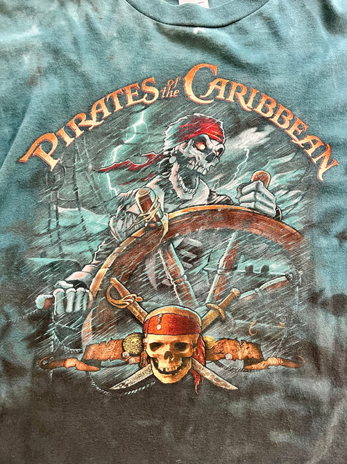 1086 -Teal Tie-Dye Pirates of the Caribbean Skeleton Sailor Steering Ship with Skull & Sword Shirt - 2XL