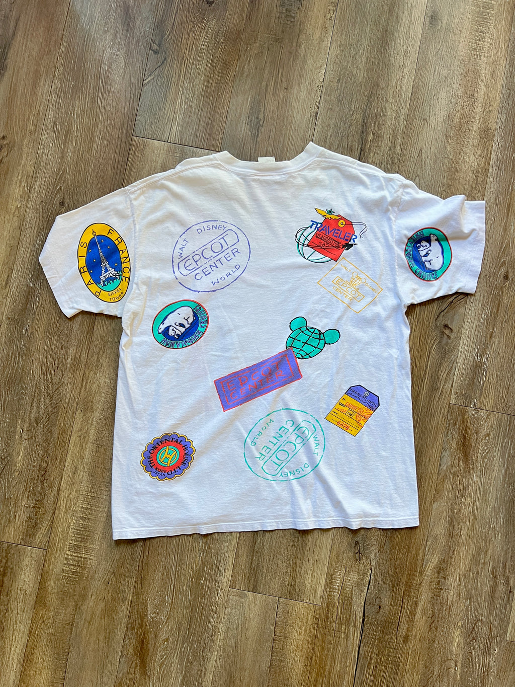 1127 -White EPCOT Center Mickey Passport Stamp Shirt - L