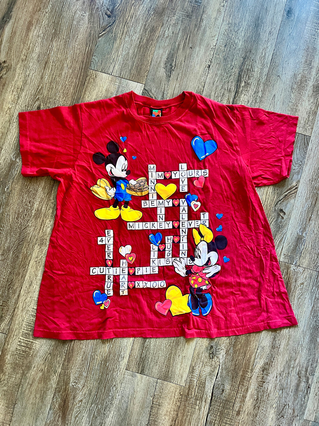 1129 -Red Mickey & Minnie Valentine's Crossword Shirt - XL