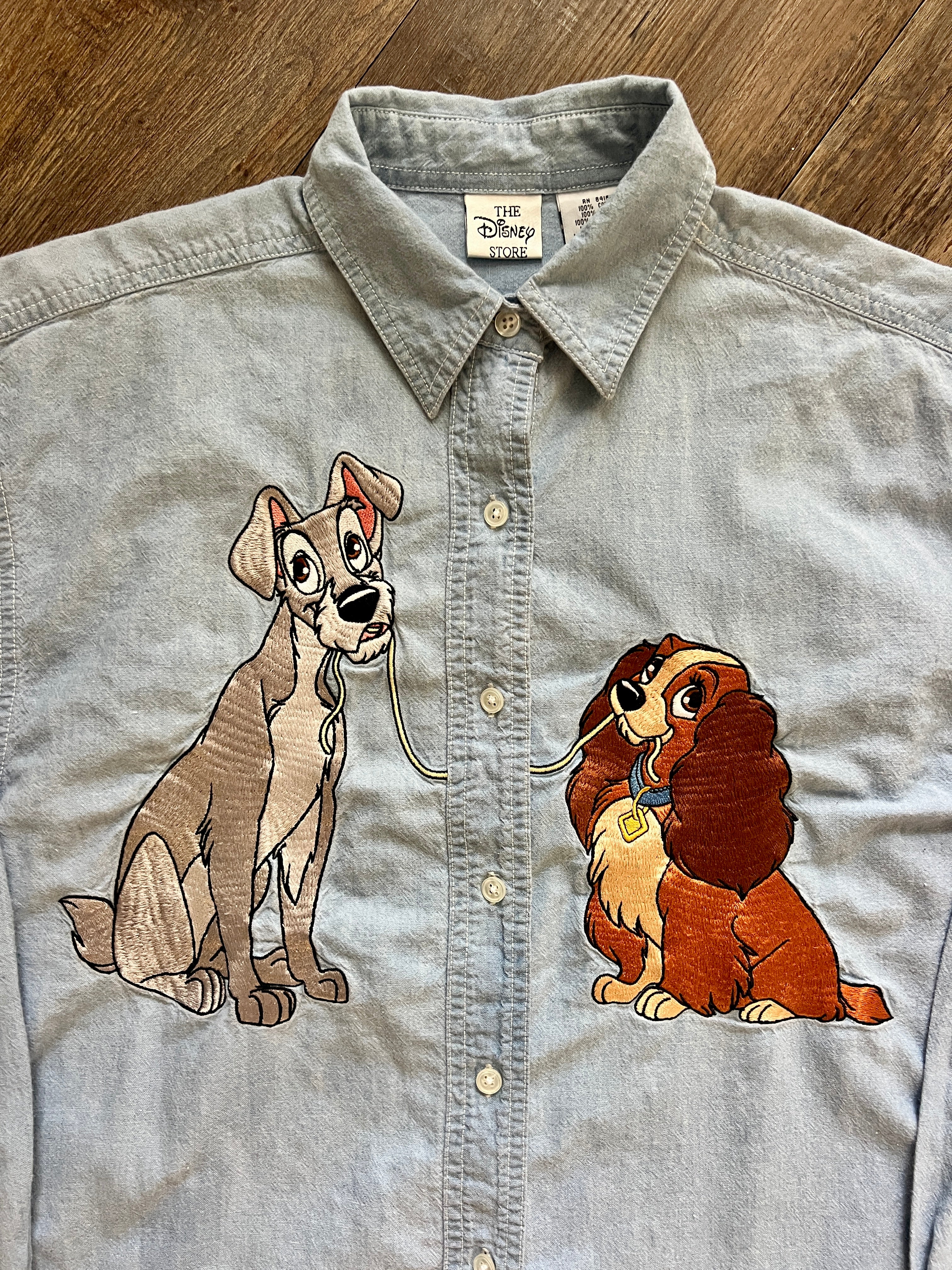 1390 - Denim Embroidered Lady & The Tramp Button Down - L