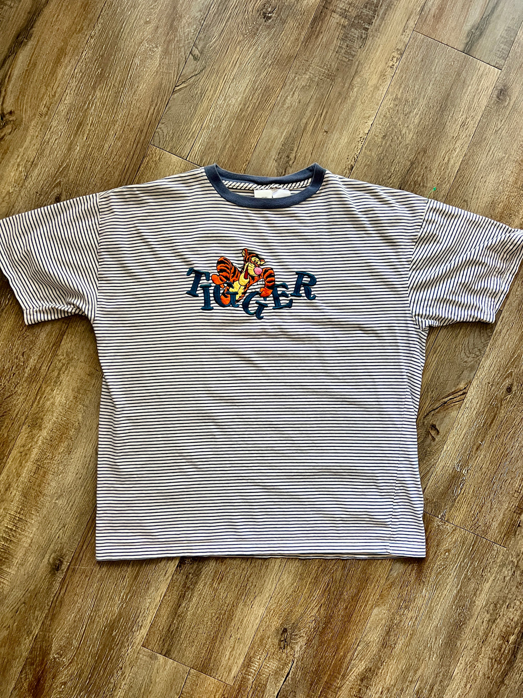 564 -Navy & White Striped Embroidered Tigger Words Tee - XL