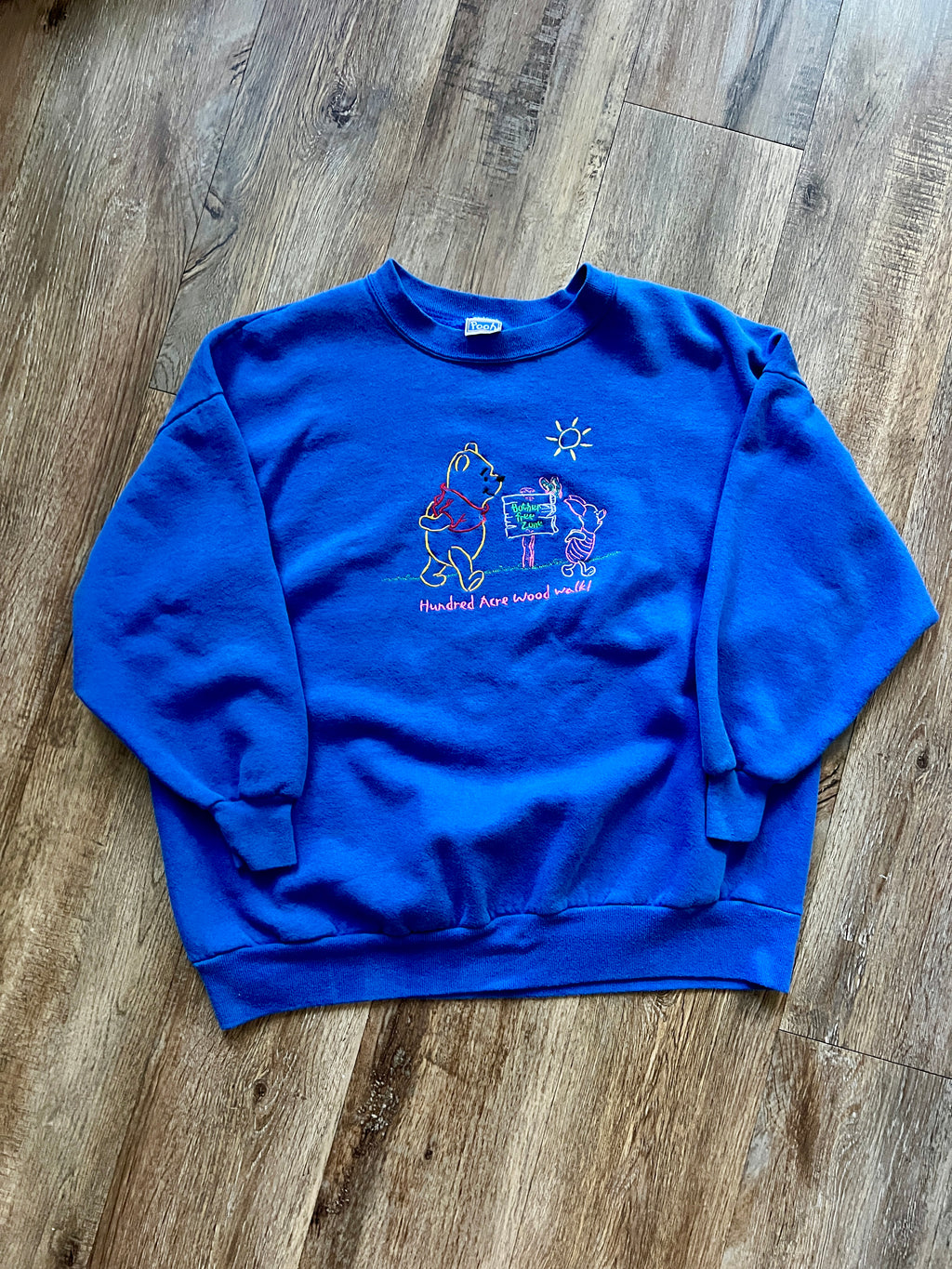 571 -Blue Embroidered WTP & Piglet Hundred Acre Wood Walk Crewneck - L