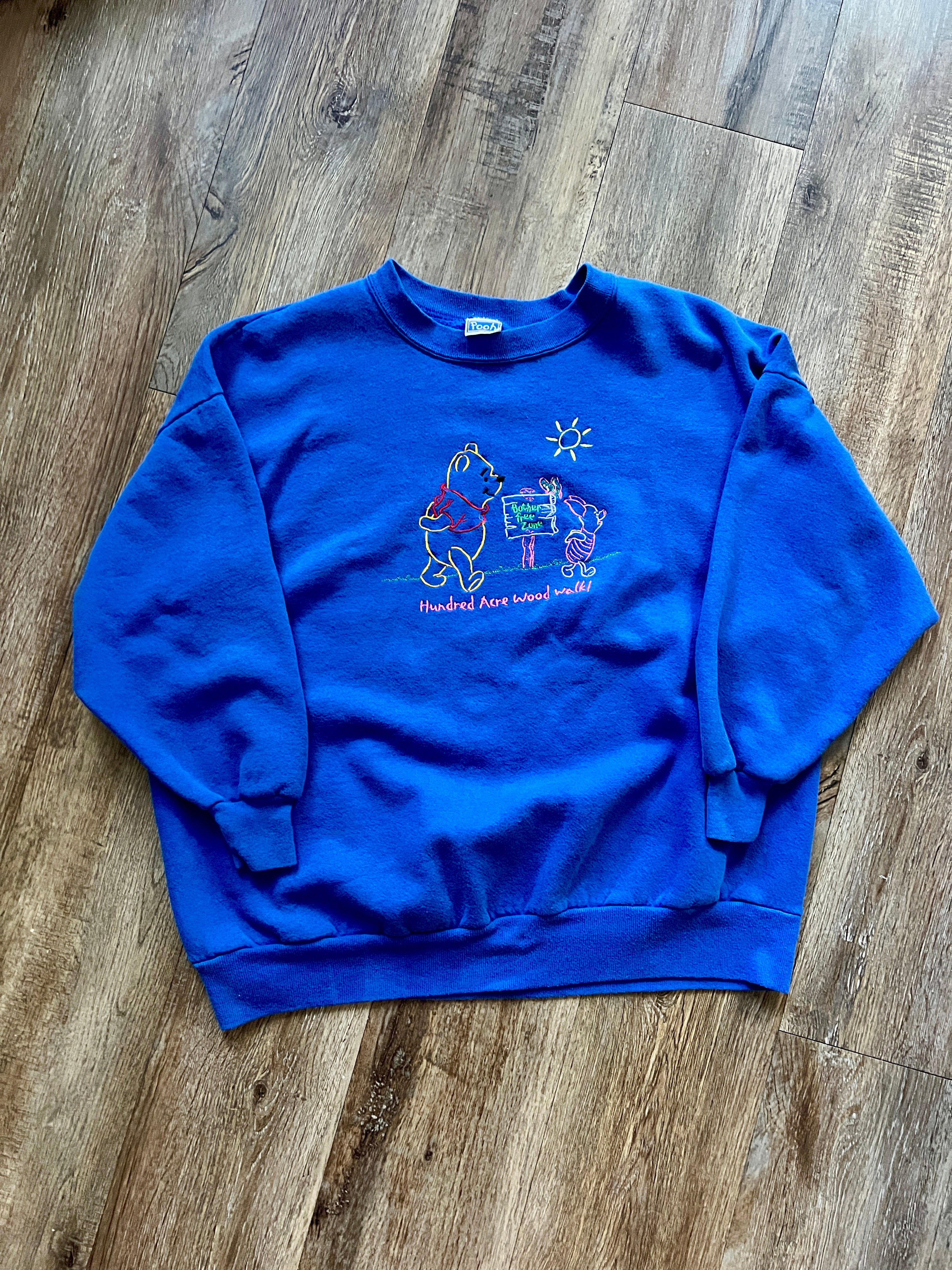 571 -Blue Embroidered WTP & Piglet Hundred Acre Wood Walk Crewneck - L