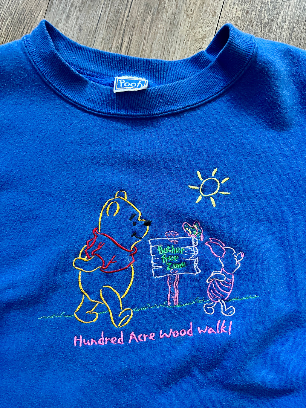 571 -Blue Embroidered WTP & Piglet Hundred Acre Wood Walk Crewneck - L